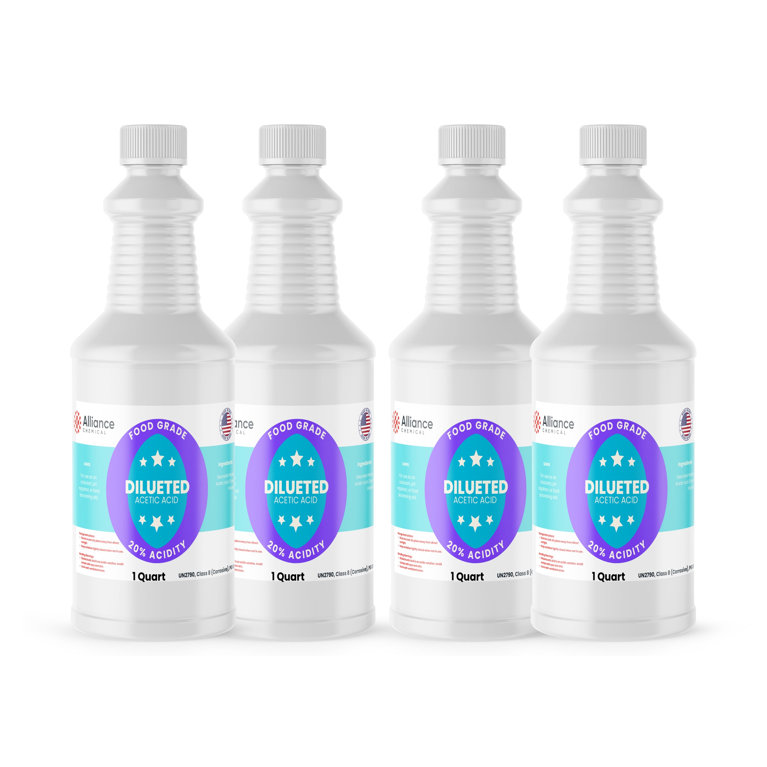 Alliance Chemical 20% diluted acetic acid food grade in four clear 1-quart plastic bottles with twist caps