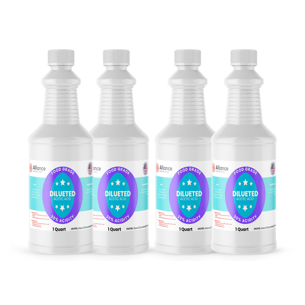Alliance Chemical 20% diluted acetic acid food grade in four clear 1-quart plastic bottles with twist caps