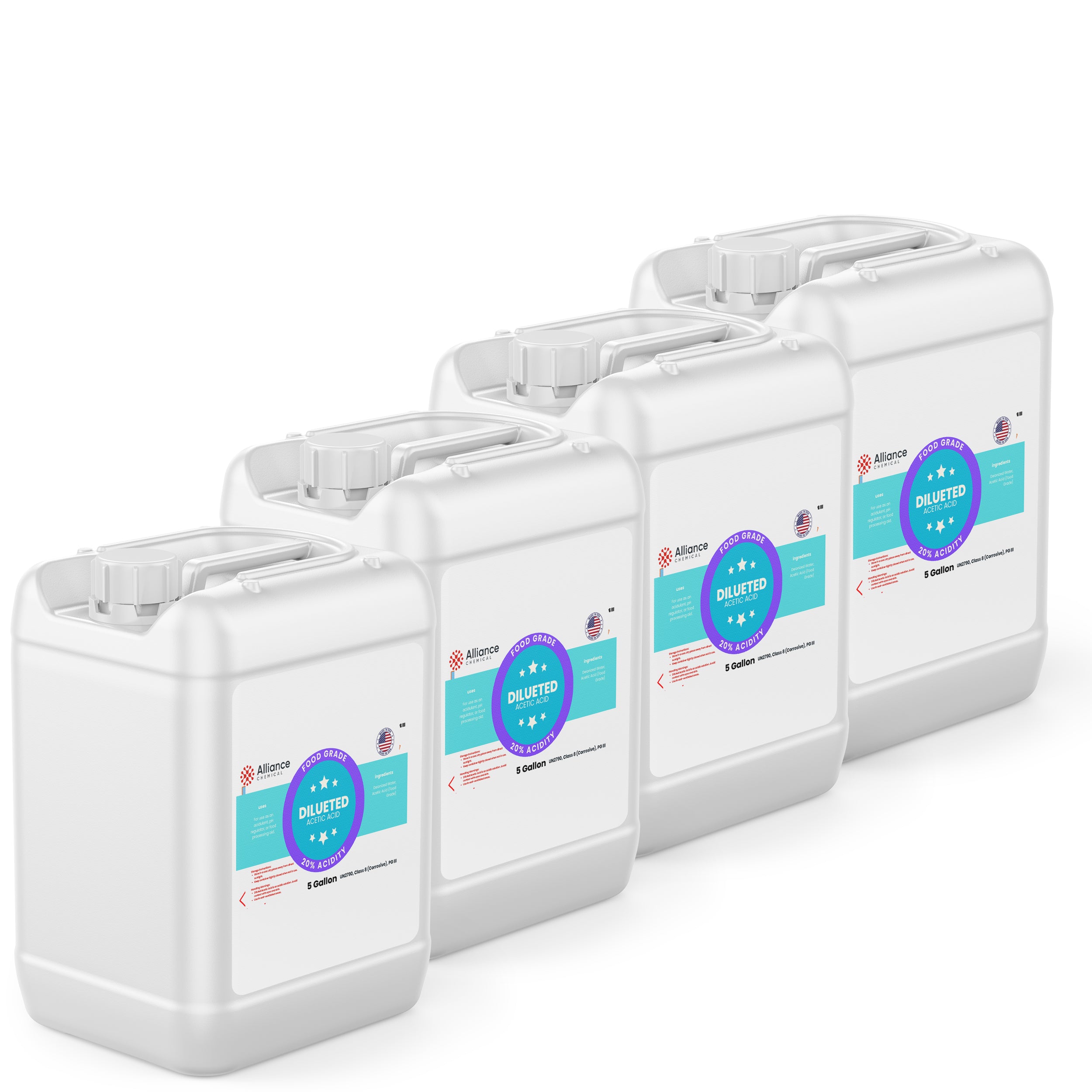 Alliance Chemical 20% diluted acetic acid food grade in four 5-gallon white HDPE containers with handles