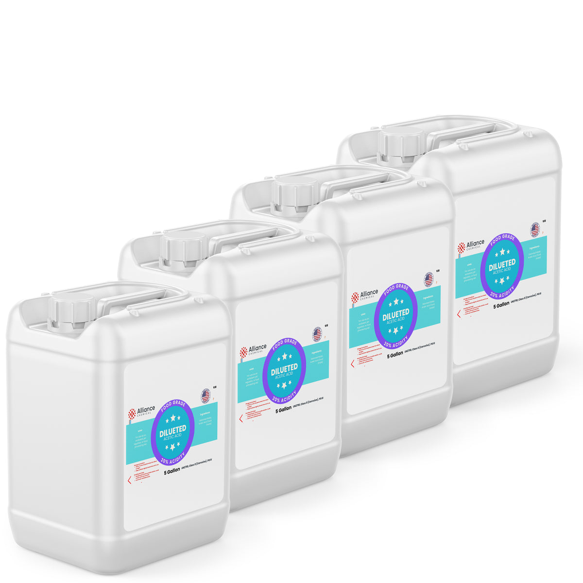 Alliance Chemical 20% diluted acetic acid food grade in four 5-gallon white HDPE containers with handles