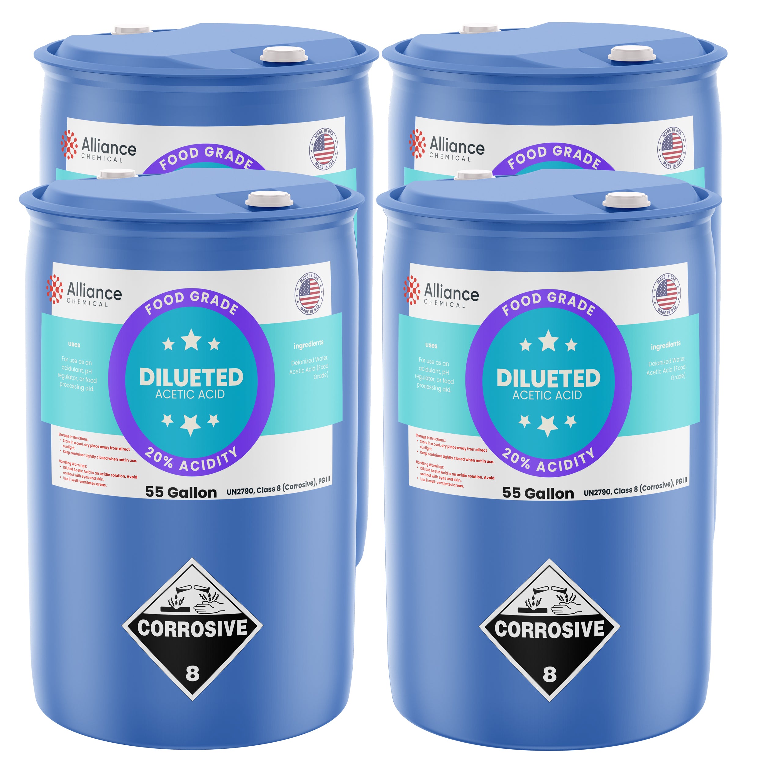 Alliance Chemical diluted acetic acid food grade in blue 55-gallon drum with corrosive warning label