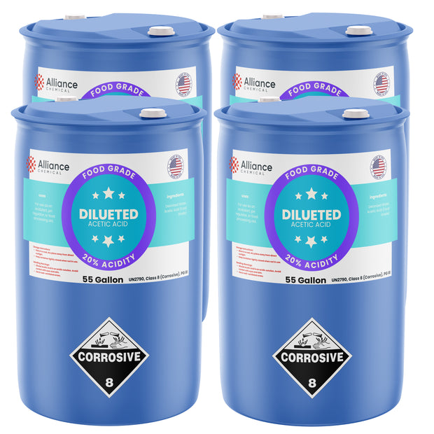 Alliance Chemical diluted acetic acid food grade in blue 55-gallon drum with corrosive warning label