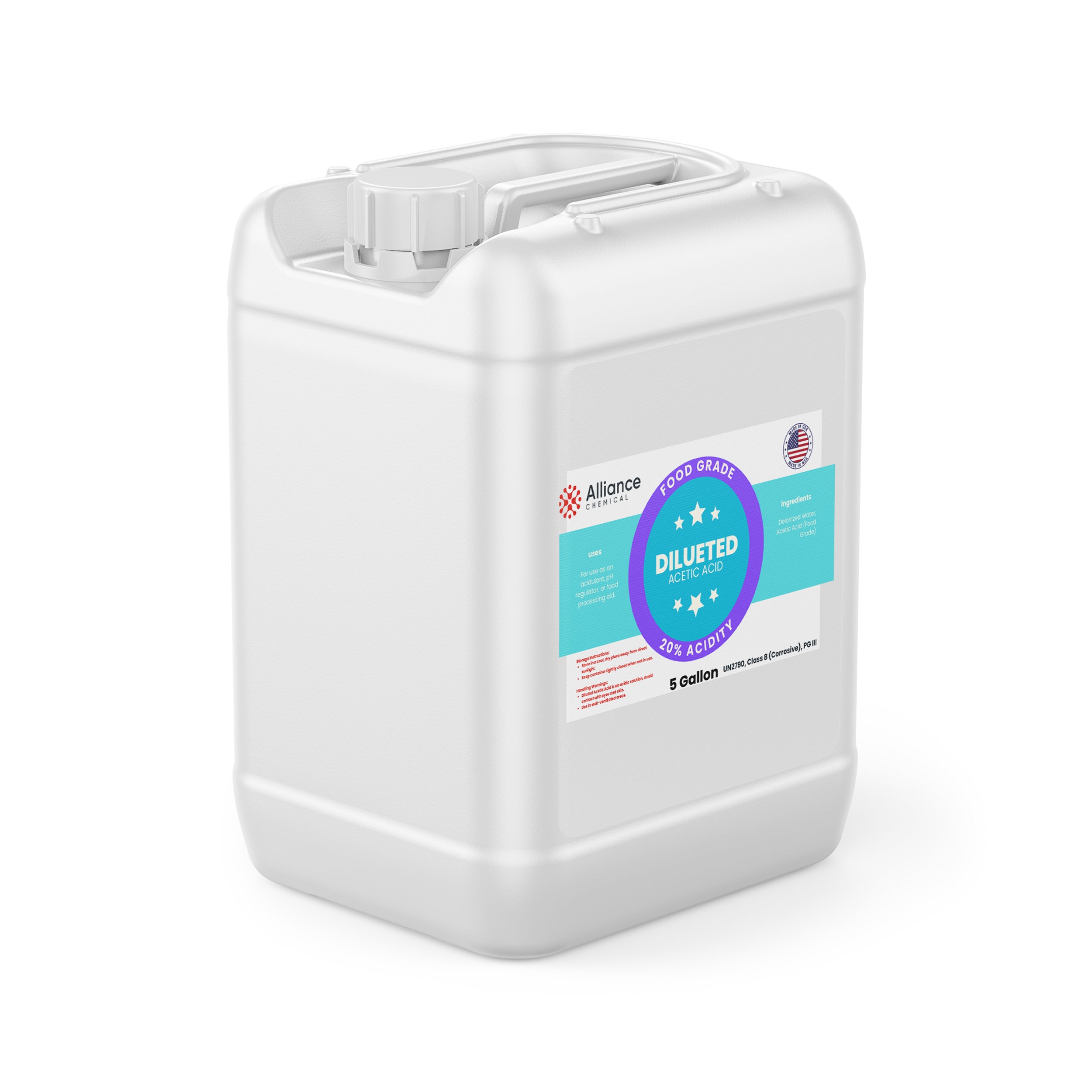 Alliance Chemical 20% diluted acetic acid food grade in 5-gallon white HDPE container with screw cap