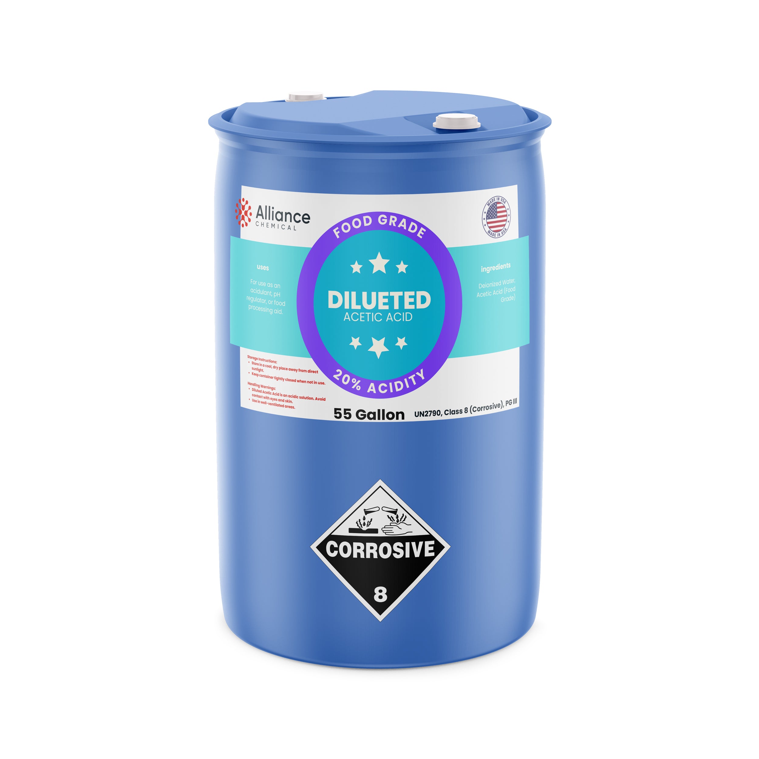 Alliance Chemical 20% diluted acetic acid food grade in blue 55-gallon plastic drum with corrosive label