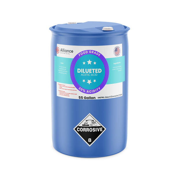 Alliance Chemical 20% diluted acetic acid food grade in blue 55-gallon plastic drum with corrosive label