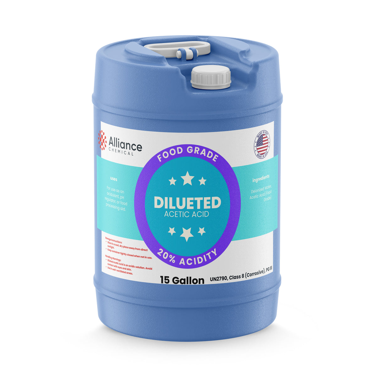 Alliance Chemical 20% diluted acetic acid food grade in blue 15-gallon plastic pail with handle