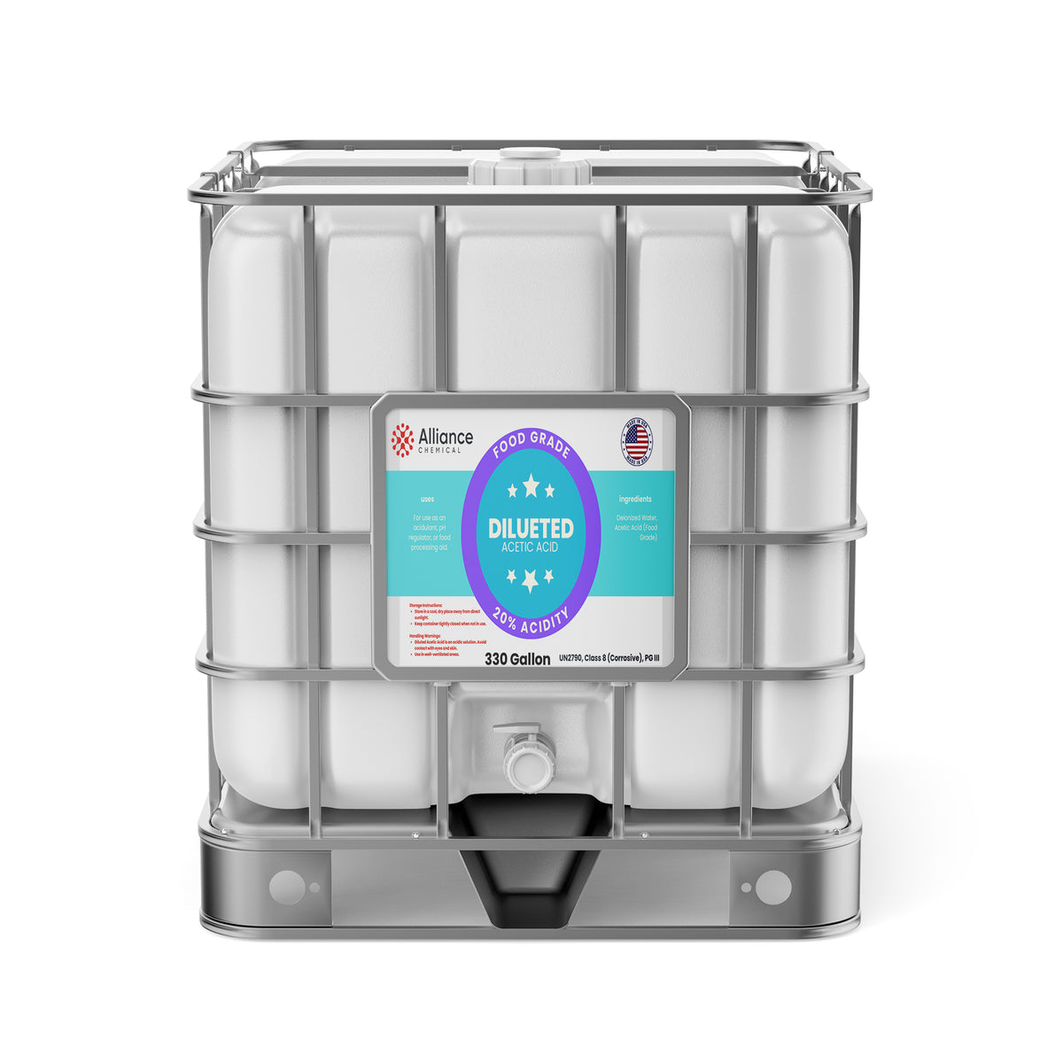 Alliance Chemical 330-gallon plastic tote of 20% Diluted Acetic Acid Food Grade with a metal cage and a spigot.