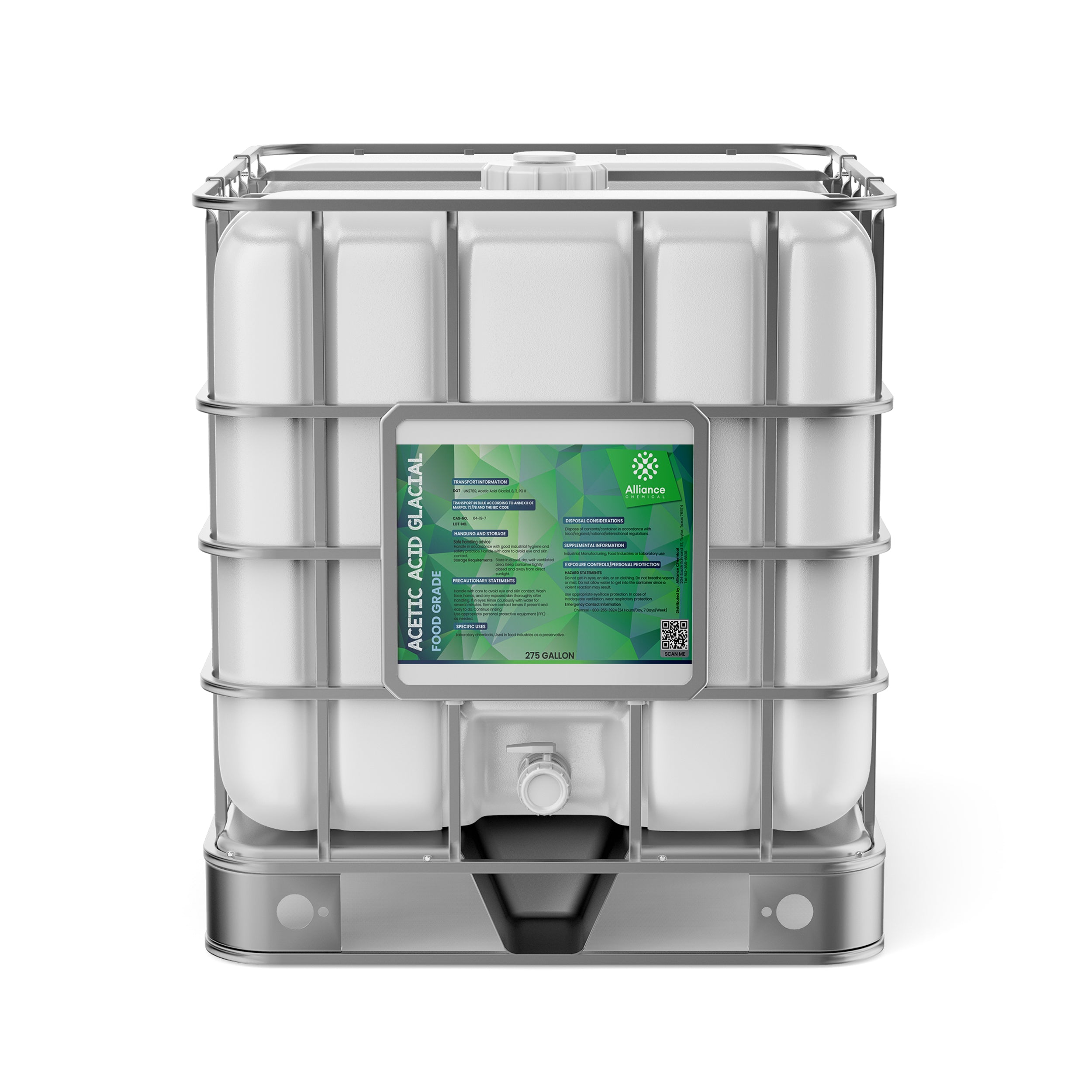 275-gallon IBC tote of Acetic Acid Glacial (Food Grade) with metal cage frame, integrated spigot, and green Alliance Chemical labeling.