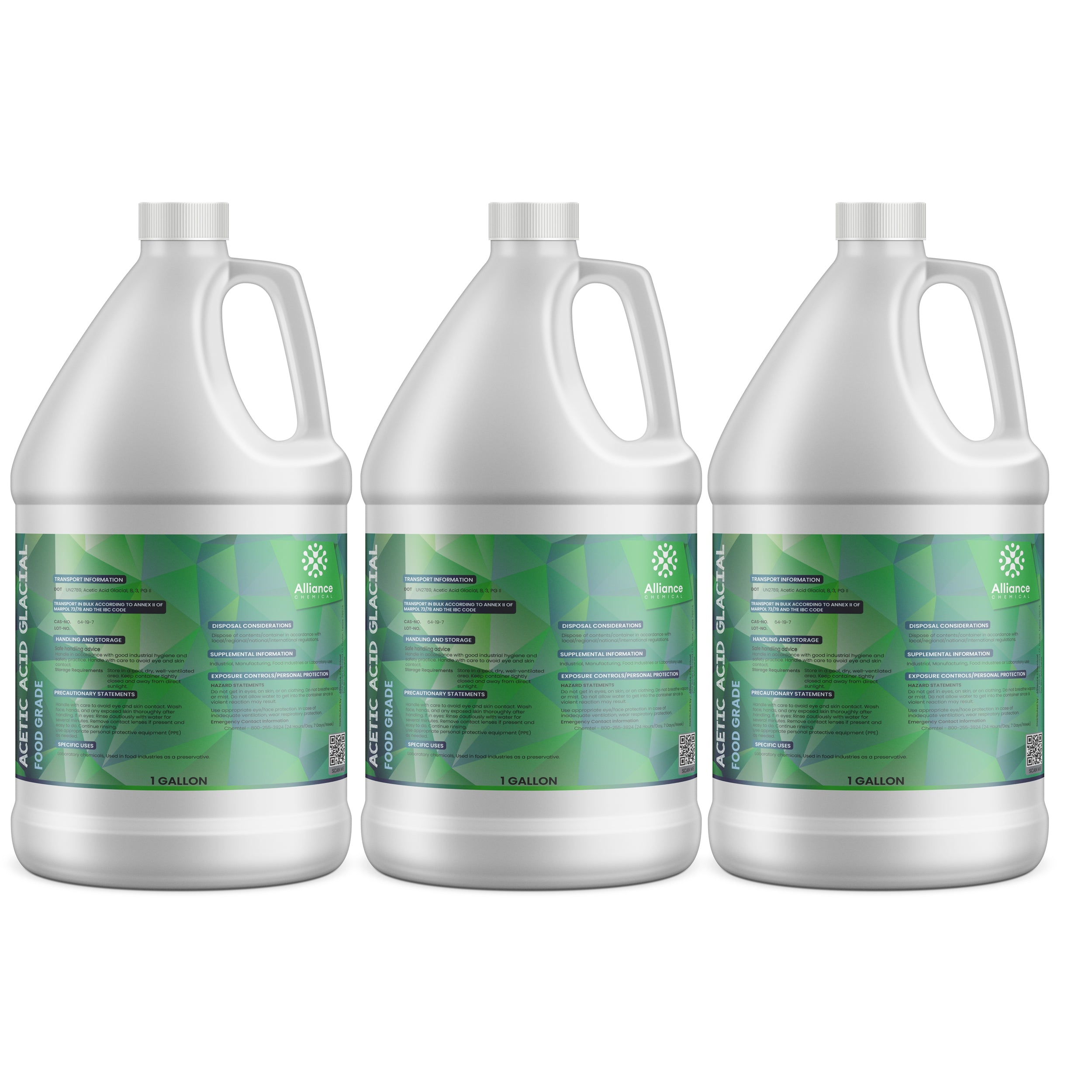3-gallon set of Acetic Acid Glacial Food Grade in white HDPE jugs with green safety labels, Alliance Chemical brand, precautionary information displayed.