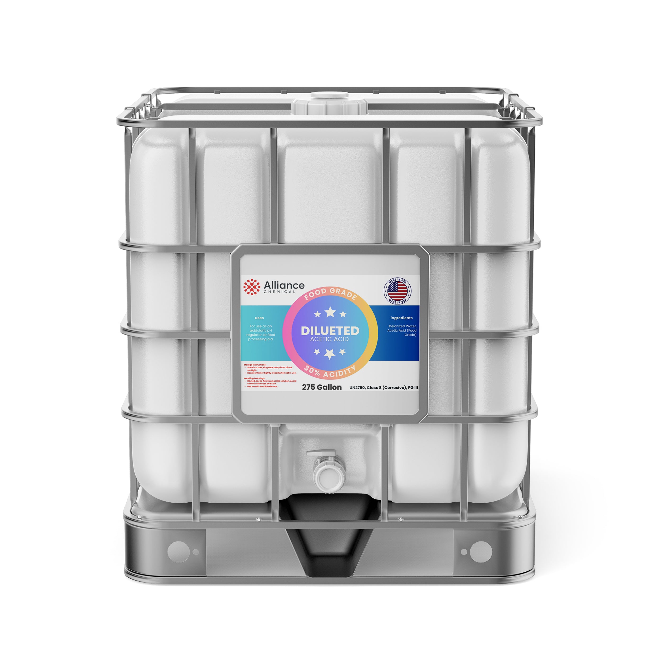 Alliance Chemical 30% diluted acetic acid food grade in 275-gallon IBC tote with safety labeling