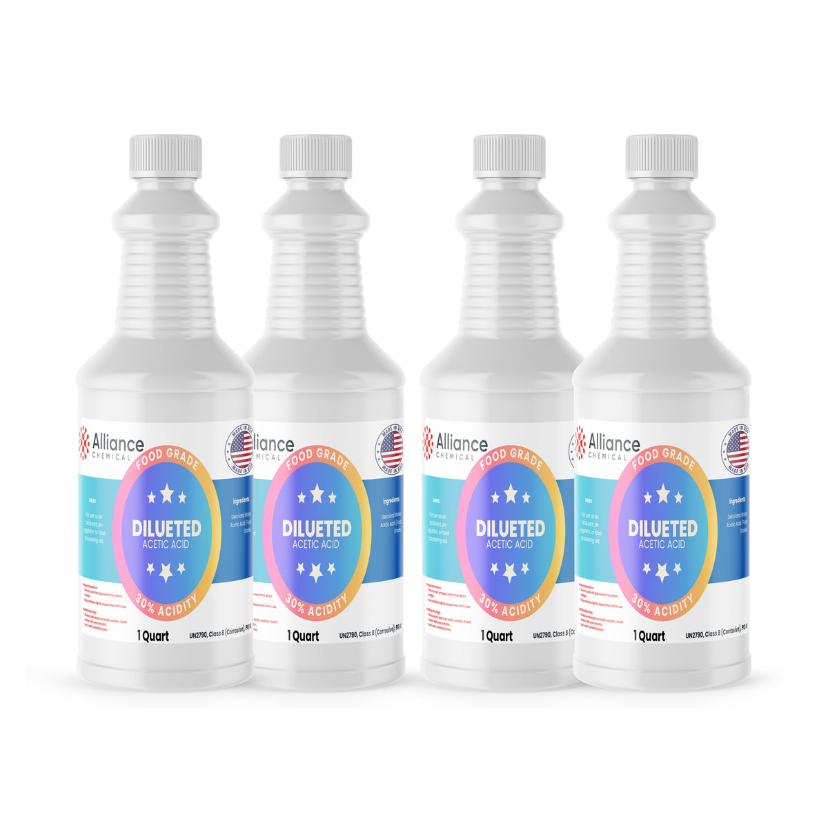 Alliance Chemical 30% diluted acetic acid food grade in four clear 1-quart plastic bottles with screw caps