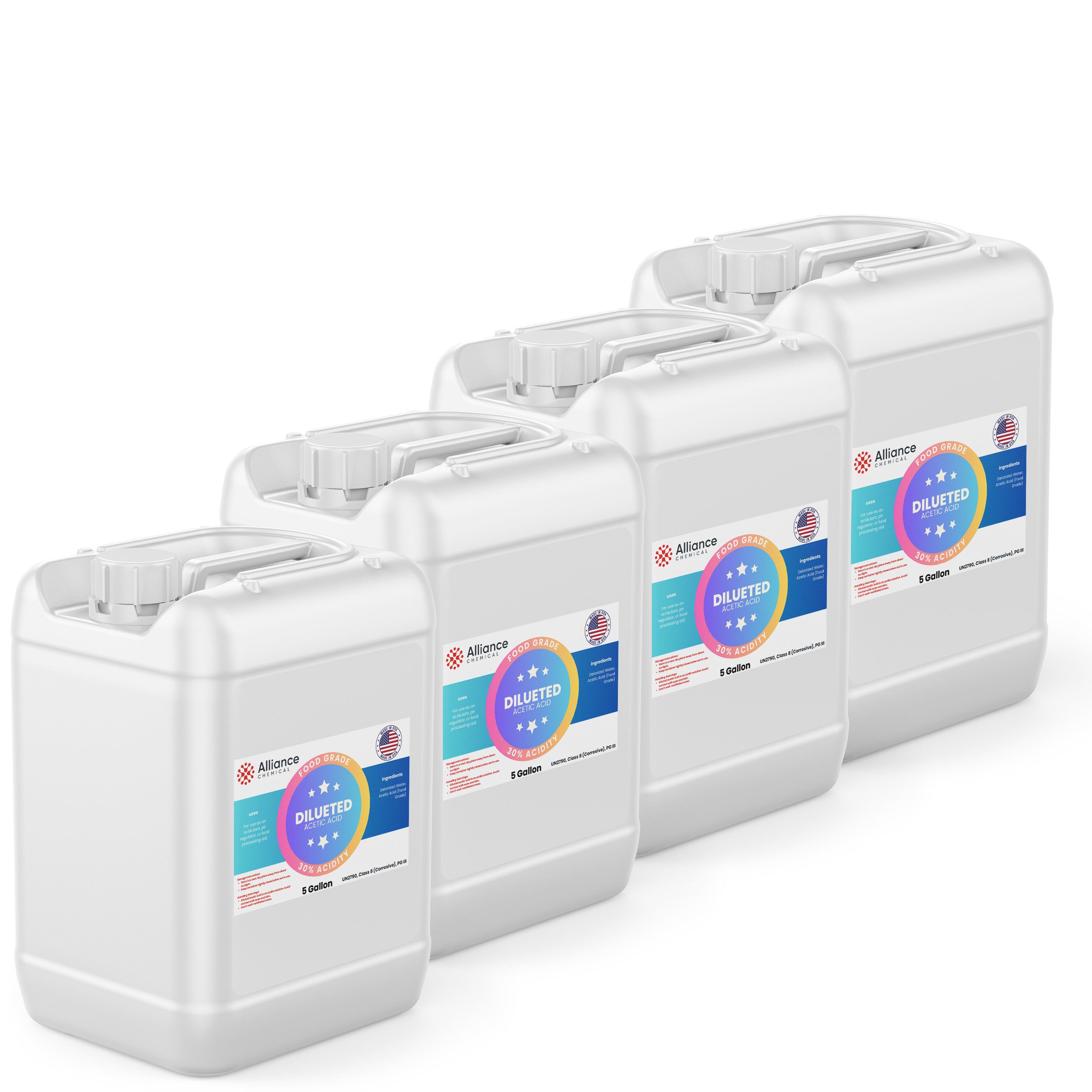 Alliance Chemical 30% diluted acetic acid food grade in four 5-gallon white jugs with screw caps