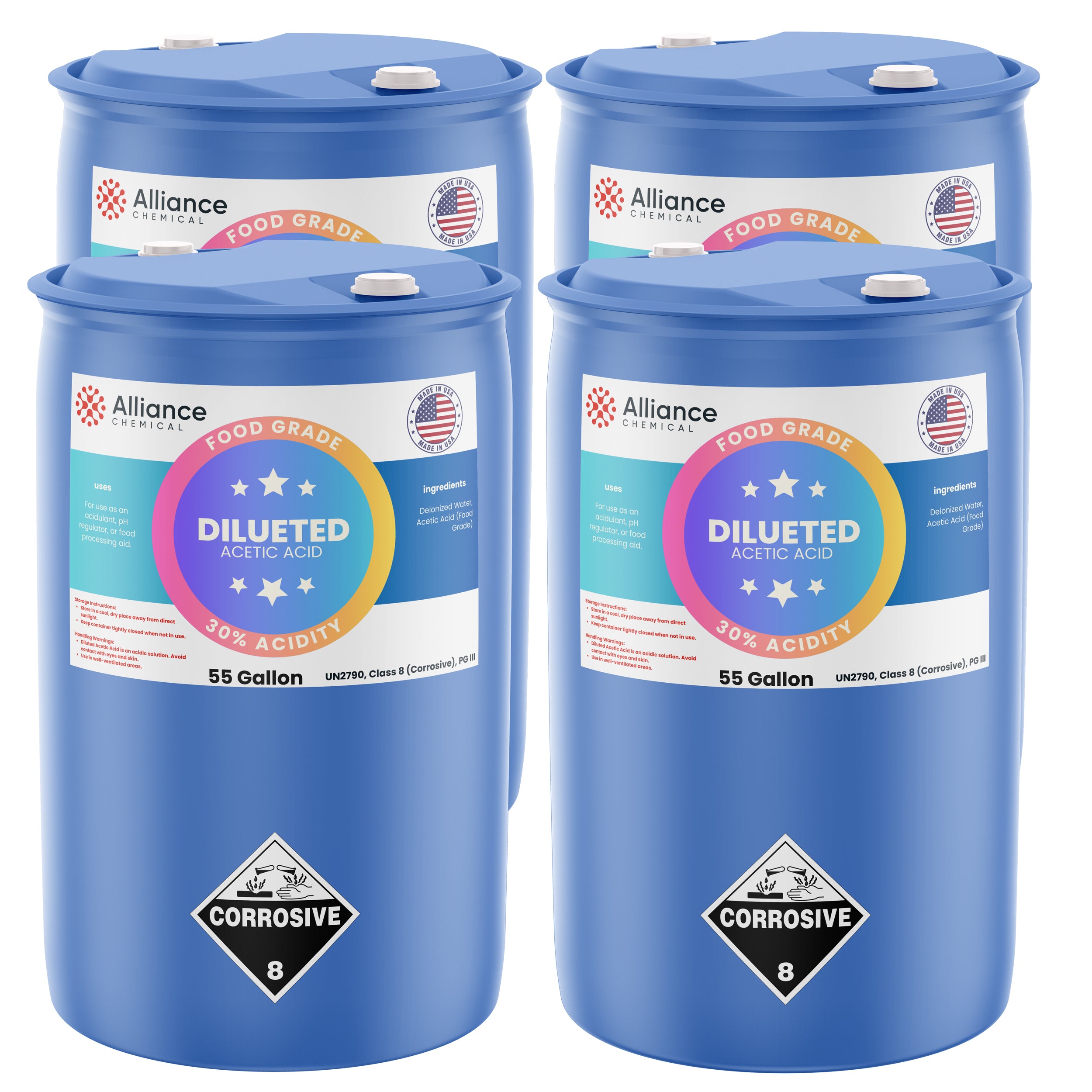 Alliance Chemical 30% diluted acetic acid food grade in blue 55-gallon plastic drum with corrosive label
