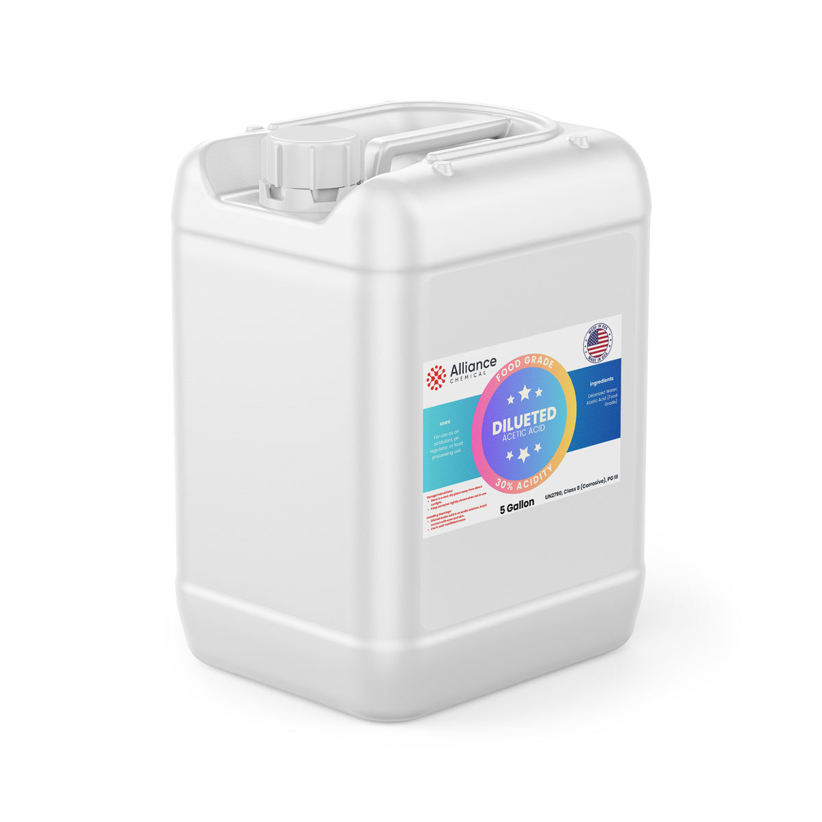 Alliance Chemical 30% diluted acetic acid food grade in 5-gallon white HDPE pail with screw cap