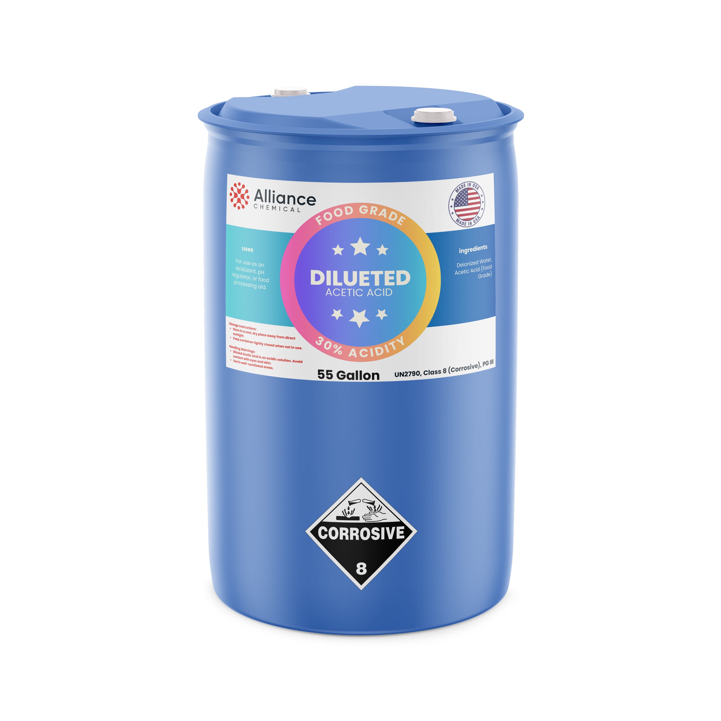 Alliance Chemical 30% diluted acetic acid food grade in blue 55-gallon plastic drum with corrosive label