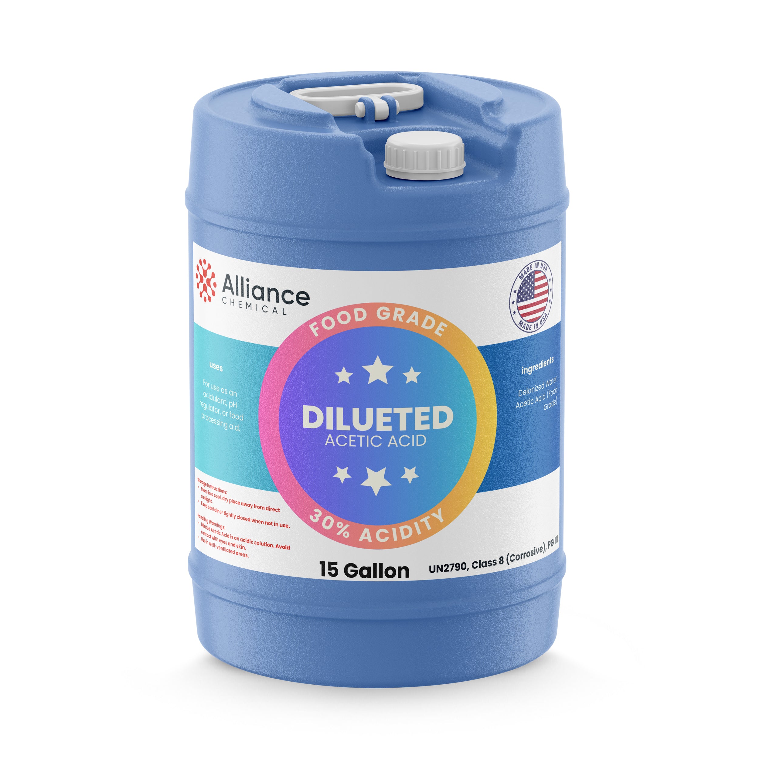 Alliance Chemical 30% diluted acetic acid food grade in blue 15-gallon HDPE drum with safety cap