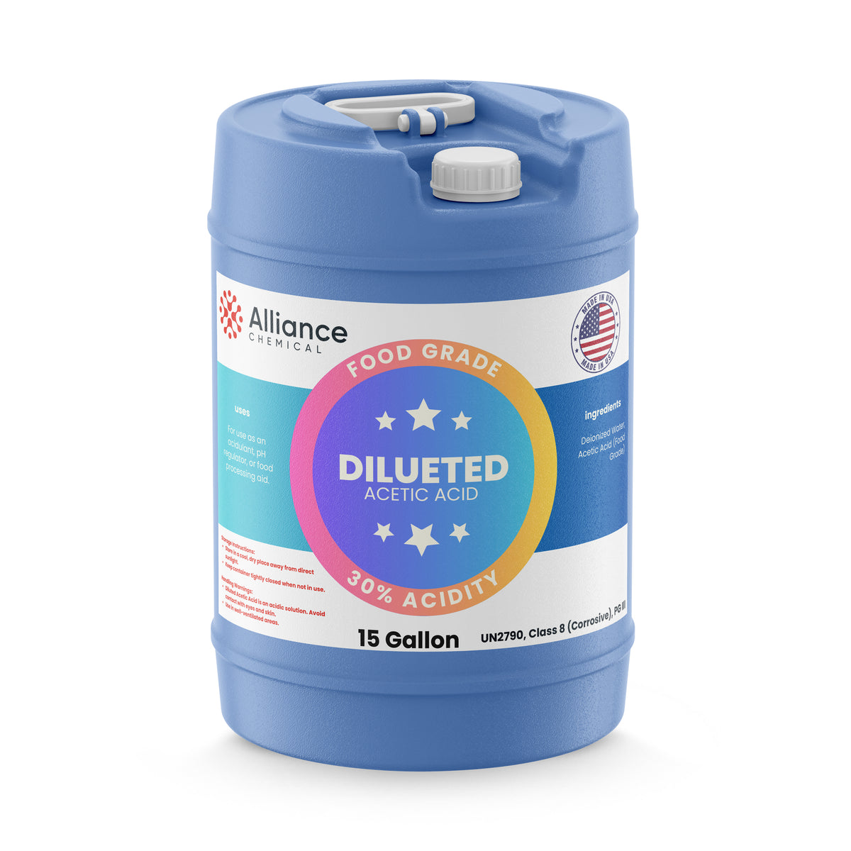 Alliance Chemical 30% diluted acetic acid food grade in blue 15-gallon HDPE drum with safety cap