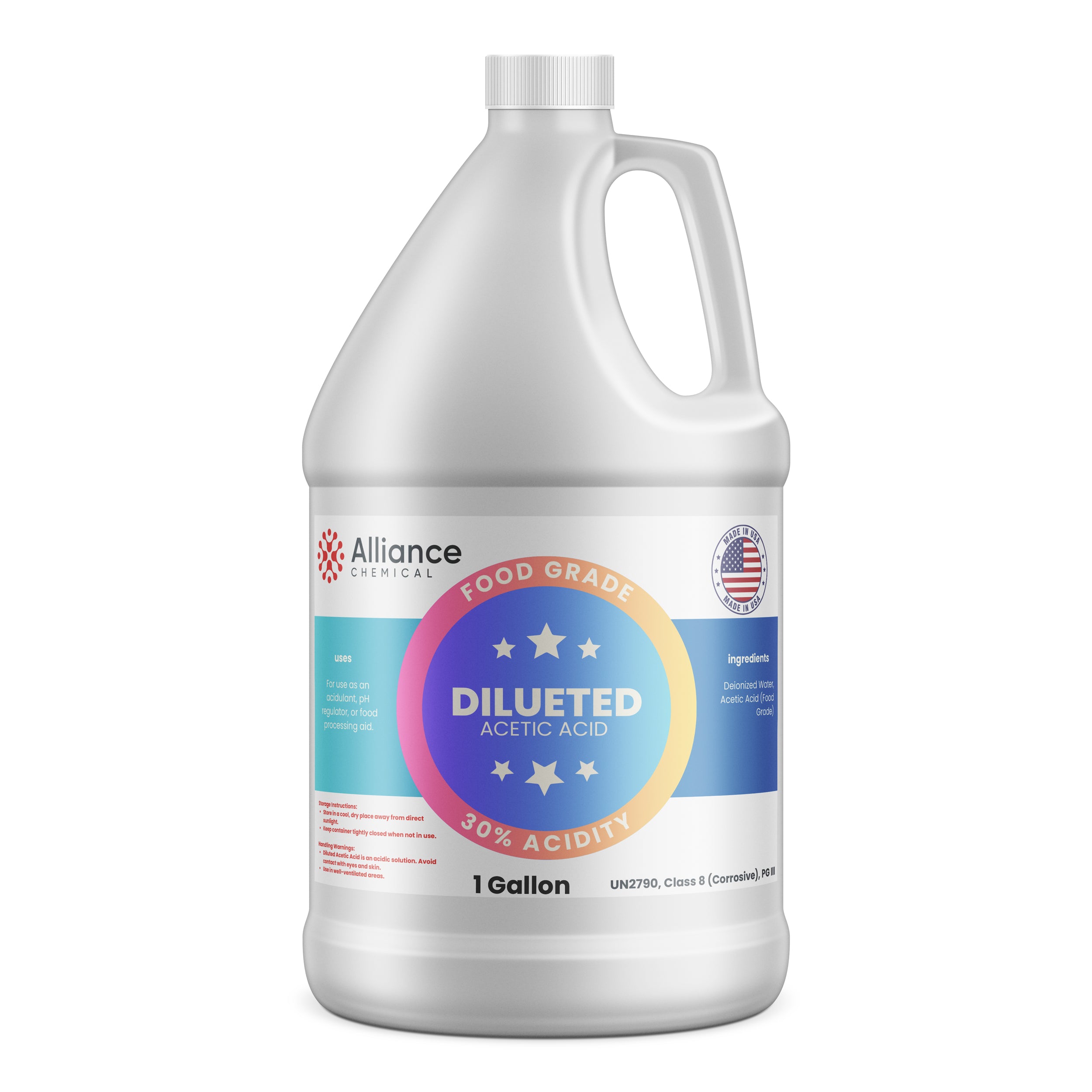 Alliance Chemical 30% diluted acetic acid food grade in white 1-gallon HDPE jug with handle