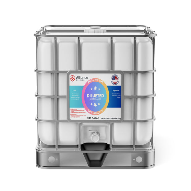 One 330-gallon tote of Alliance Chemical 30% Diluted Acetic Acid Food Grade with a stainless steel cage.