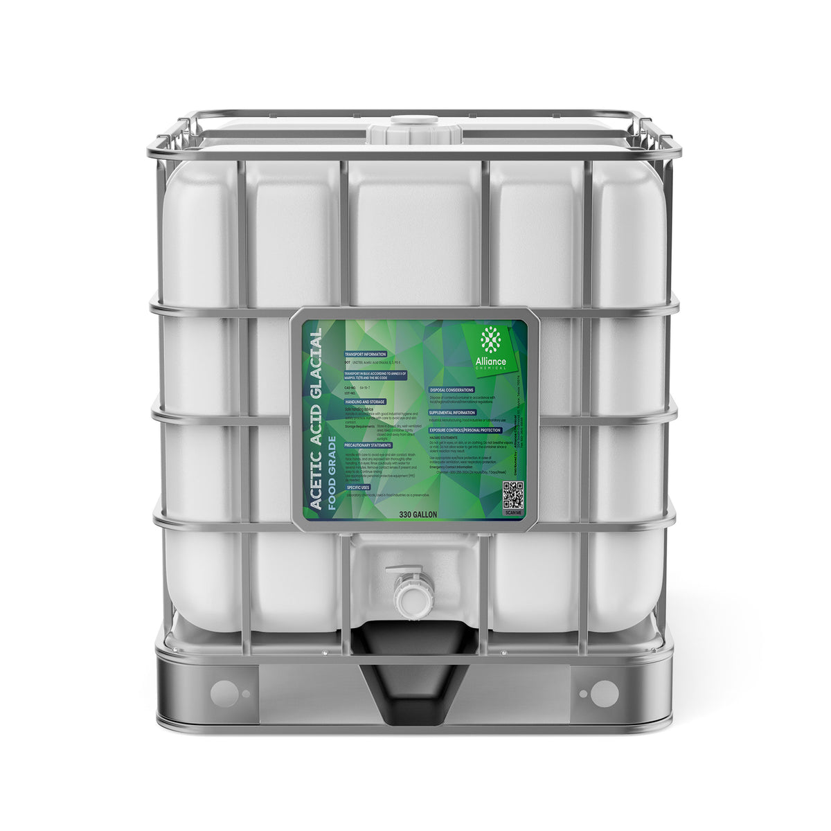 Alliance Chemical 330-gallon plastic tote of Acetic Acid Glacial - Food Grade with a metal cage and a label.