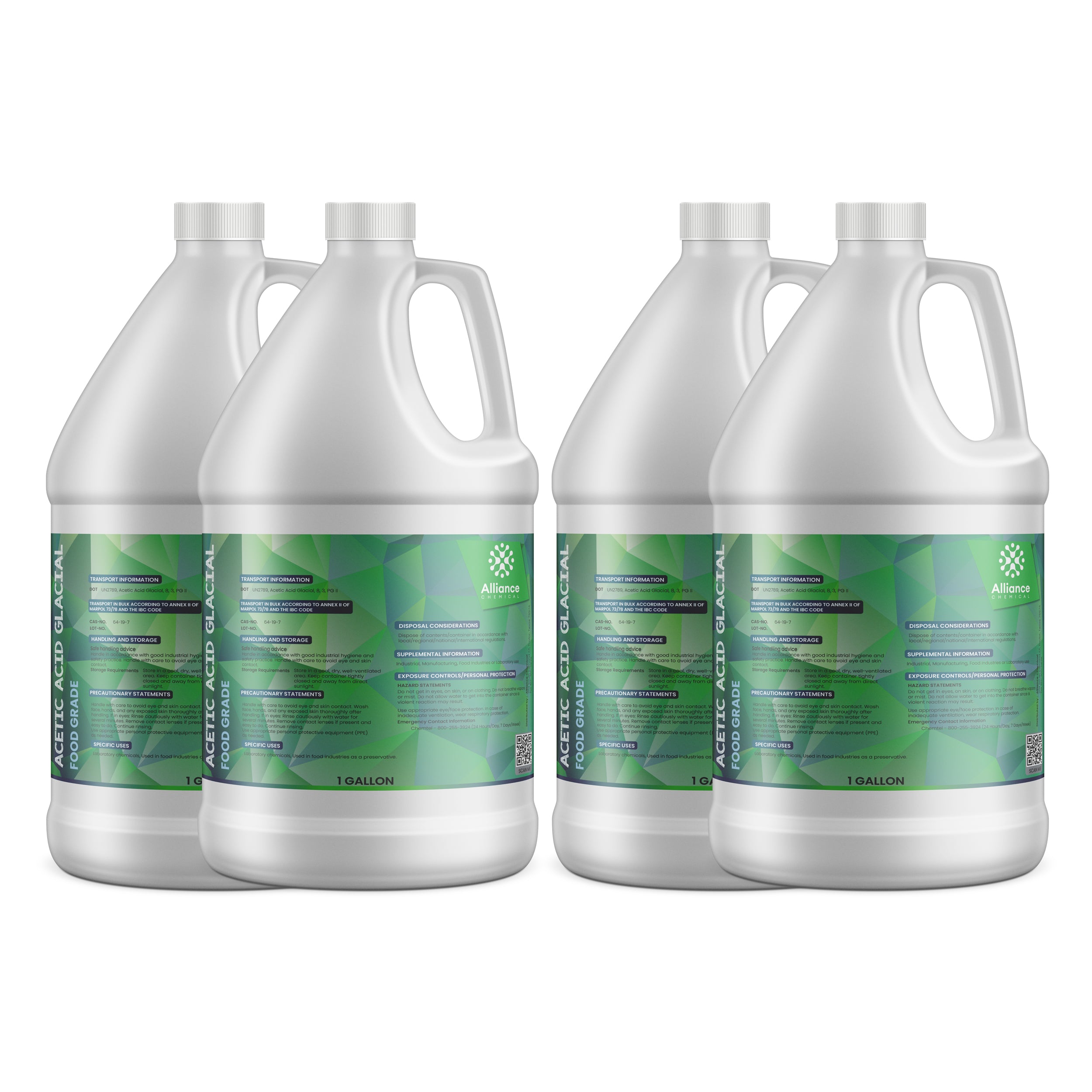 4x1-gallon HDPE jugs of Acetic Acid Glacial Food Grade with green safety labeling, Alliance Chemical brand, featuring transport and storage information.