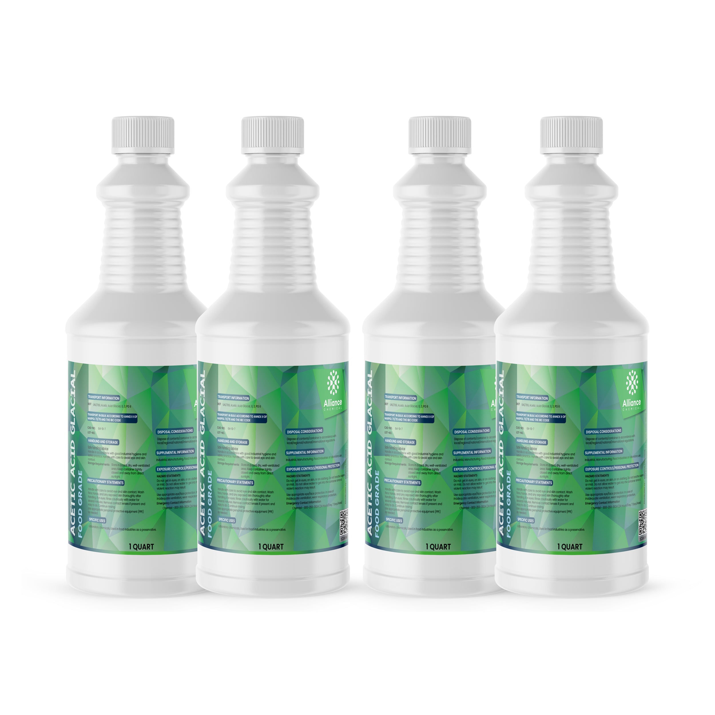 4x1-quart white HDPE bottles of Acetic Acid Glacial Food Grade with green geometric labels, ribbed safety caps, Alliance Chemical branding.