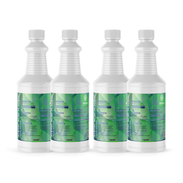 4x1-quart HDPE bottles of Acetic Acid Glacial Food Grade ribbed safety caps, Alliance Chemical branding