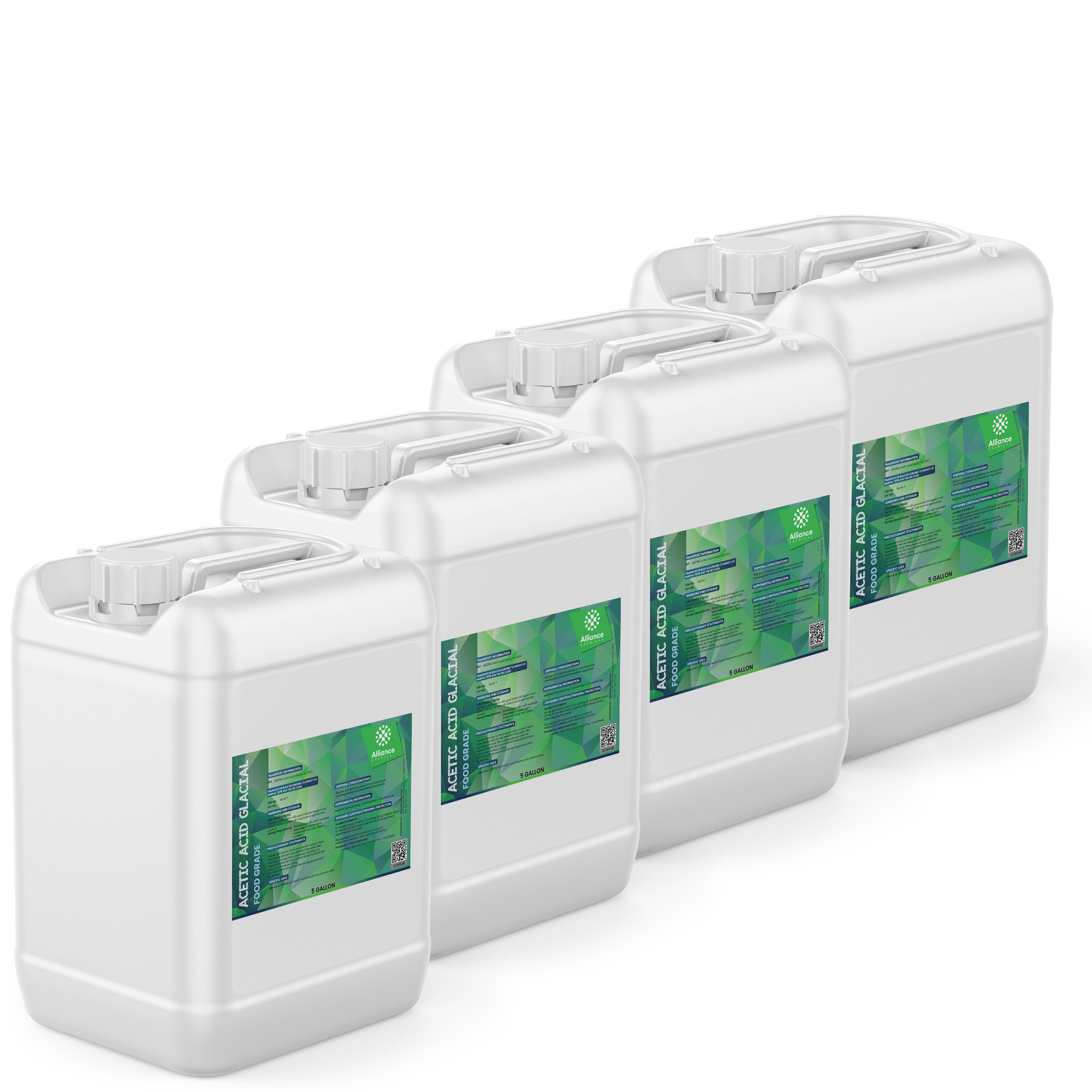 4x5-gallon white HDPE containers of Acetic Acid Glacial, food-grade quality, with green labeled product information and QR codes, featuring secure screw-top caps.