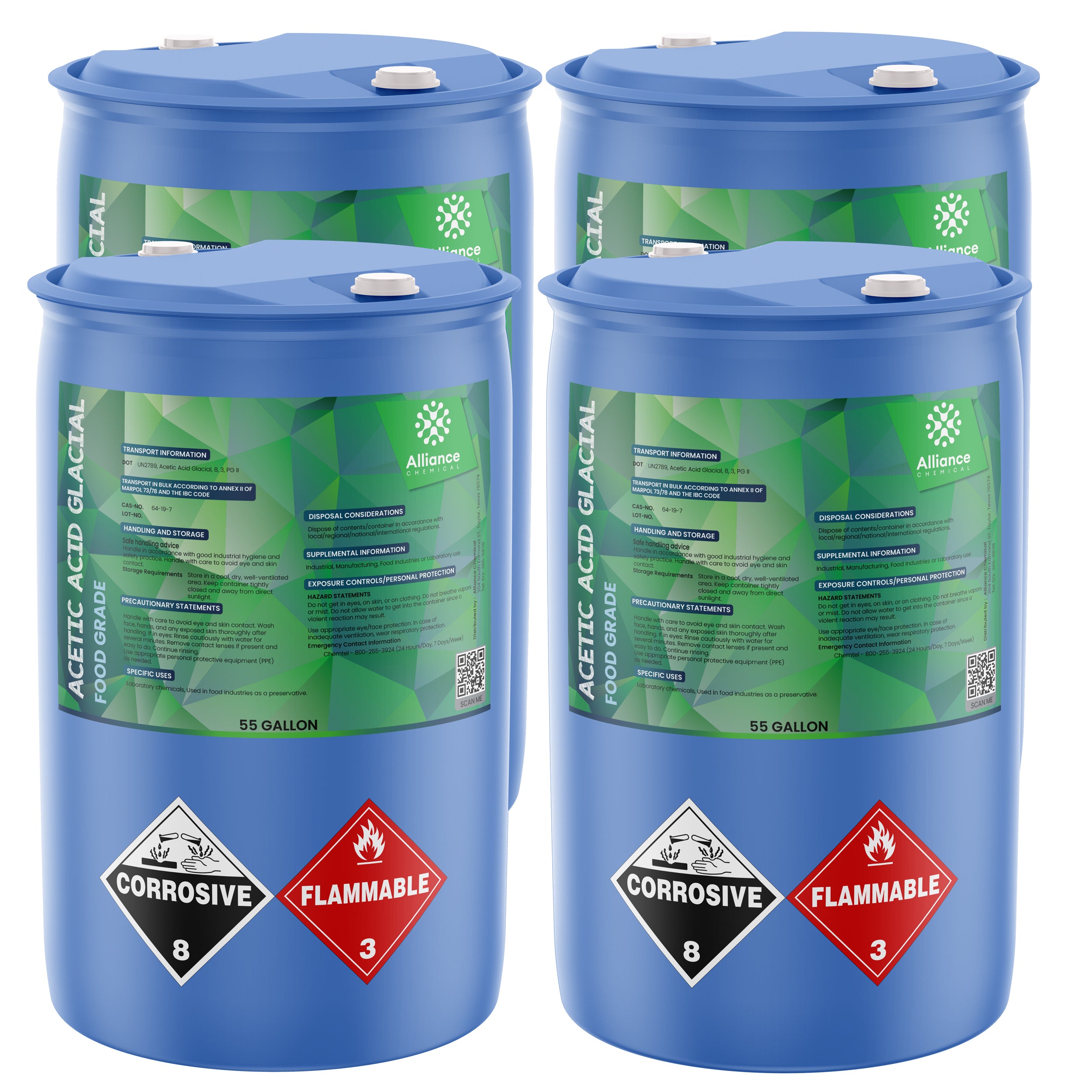 4x55 gallon acetic acid glacial food grade in blue HDPE drums, featuring Alliance Chemical labeling, corrosive (8) and flammable (3) hazard symbols, safety information.