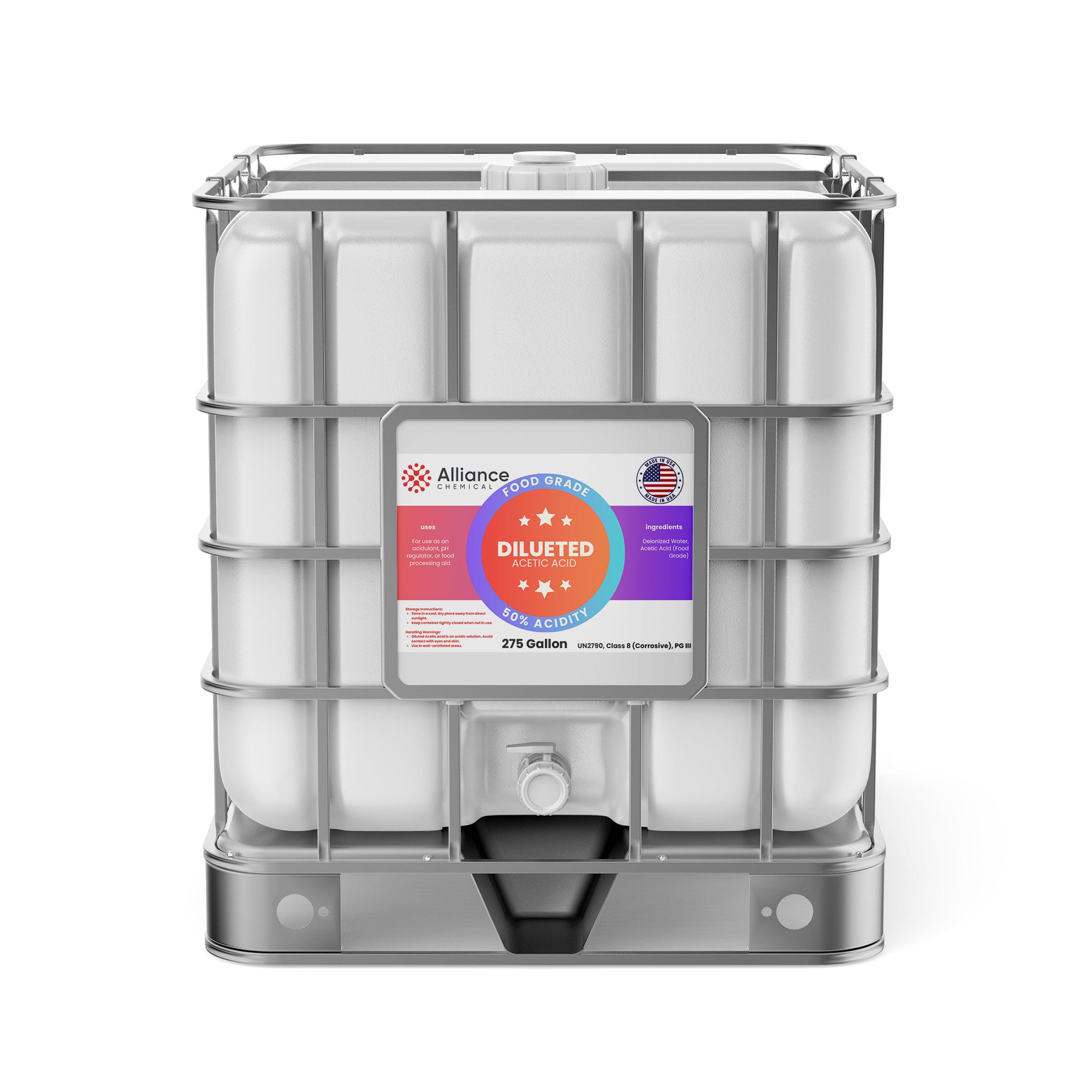 Alliance Chemical 50% diluted acetic acid food grade in 275-gallon IBC tote with label detailing