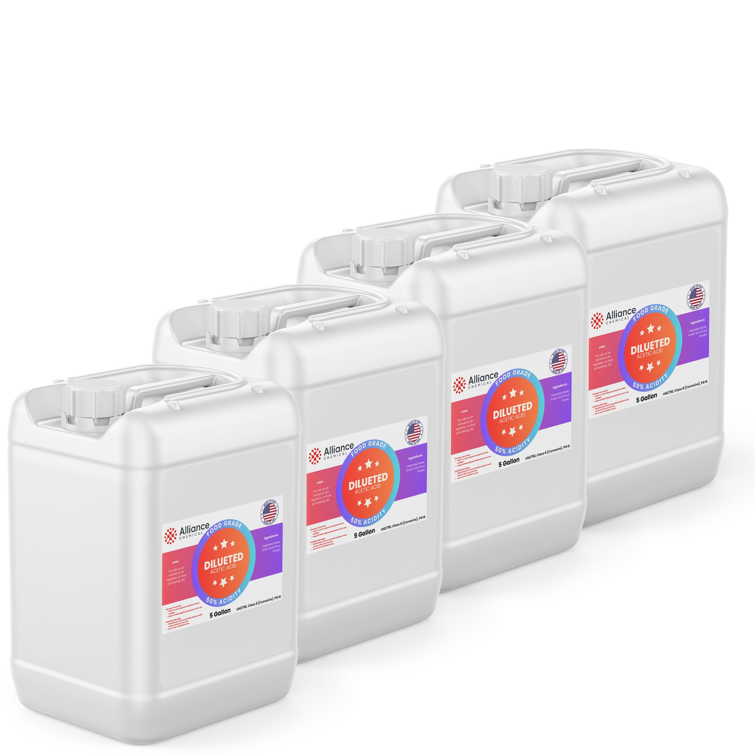 Alliance Chemical 50% diluted acetic acid food grade in four stacked 5-gallon HDPE containers with handles