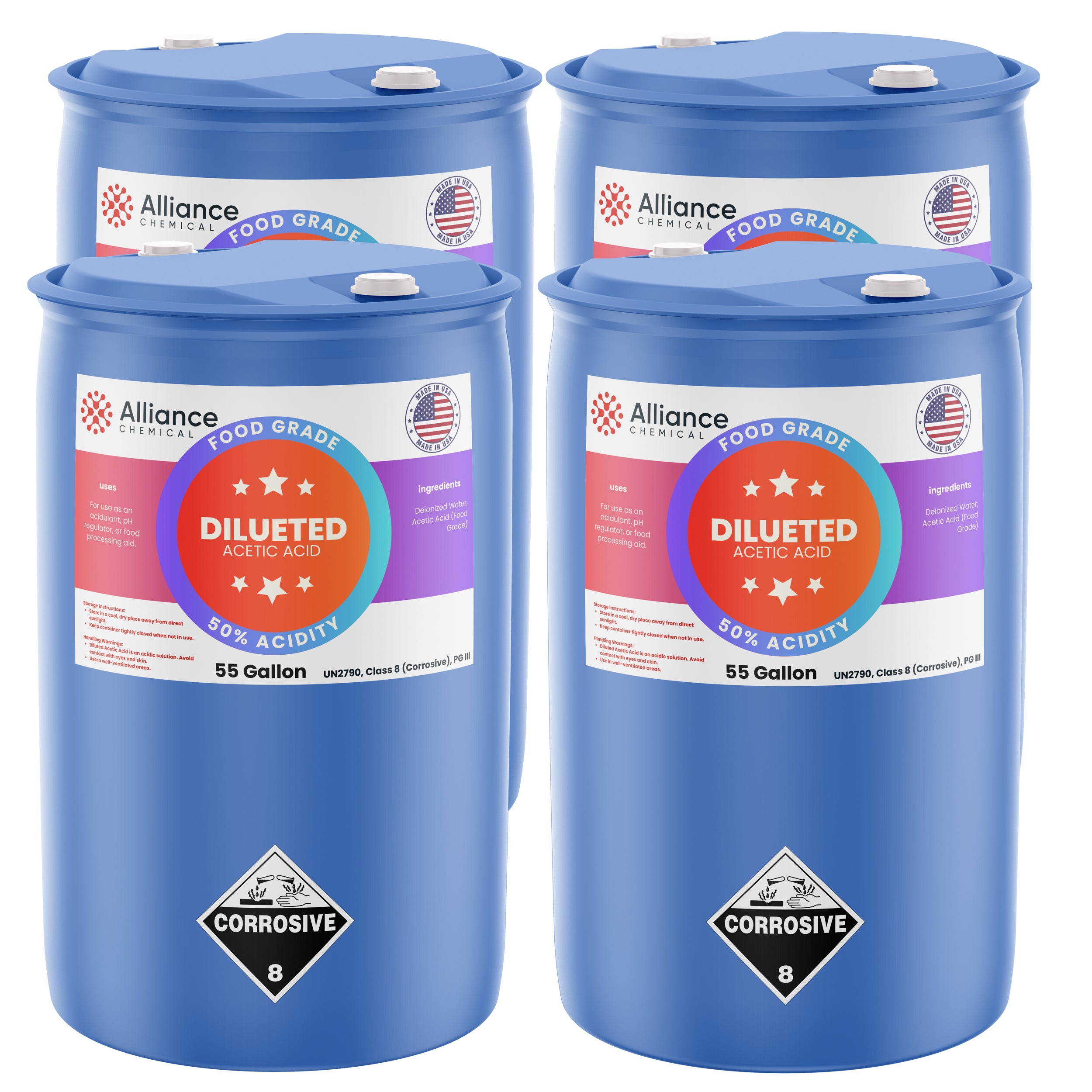 Alliance Chemical 50% diluted acetic acid food grade in blue 55-gallon plastic drums with corrosive label