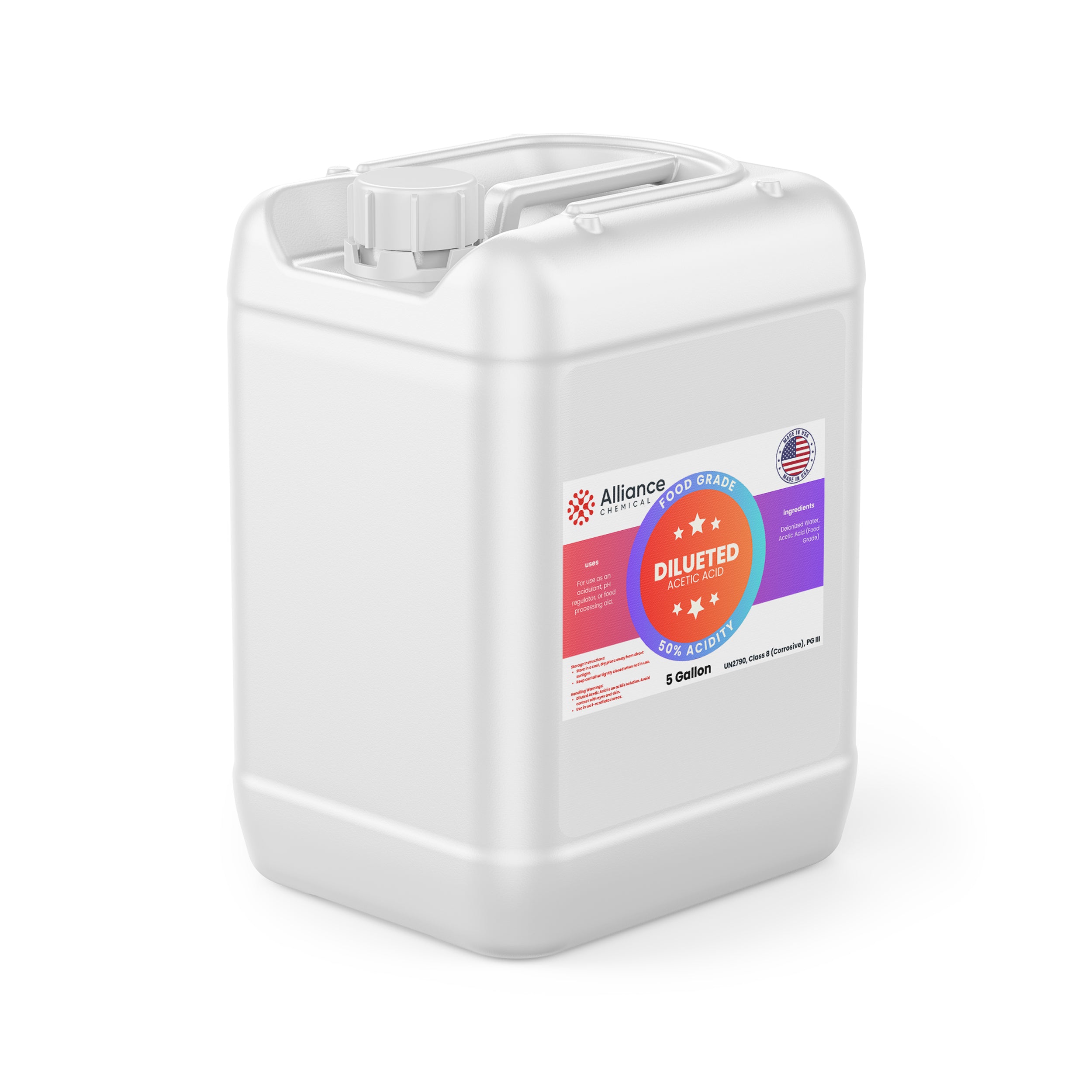 Alliance Chemical 50% diluted acetic acid food grade in white 5-gallon HDPE jerry can with handle