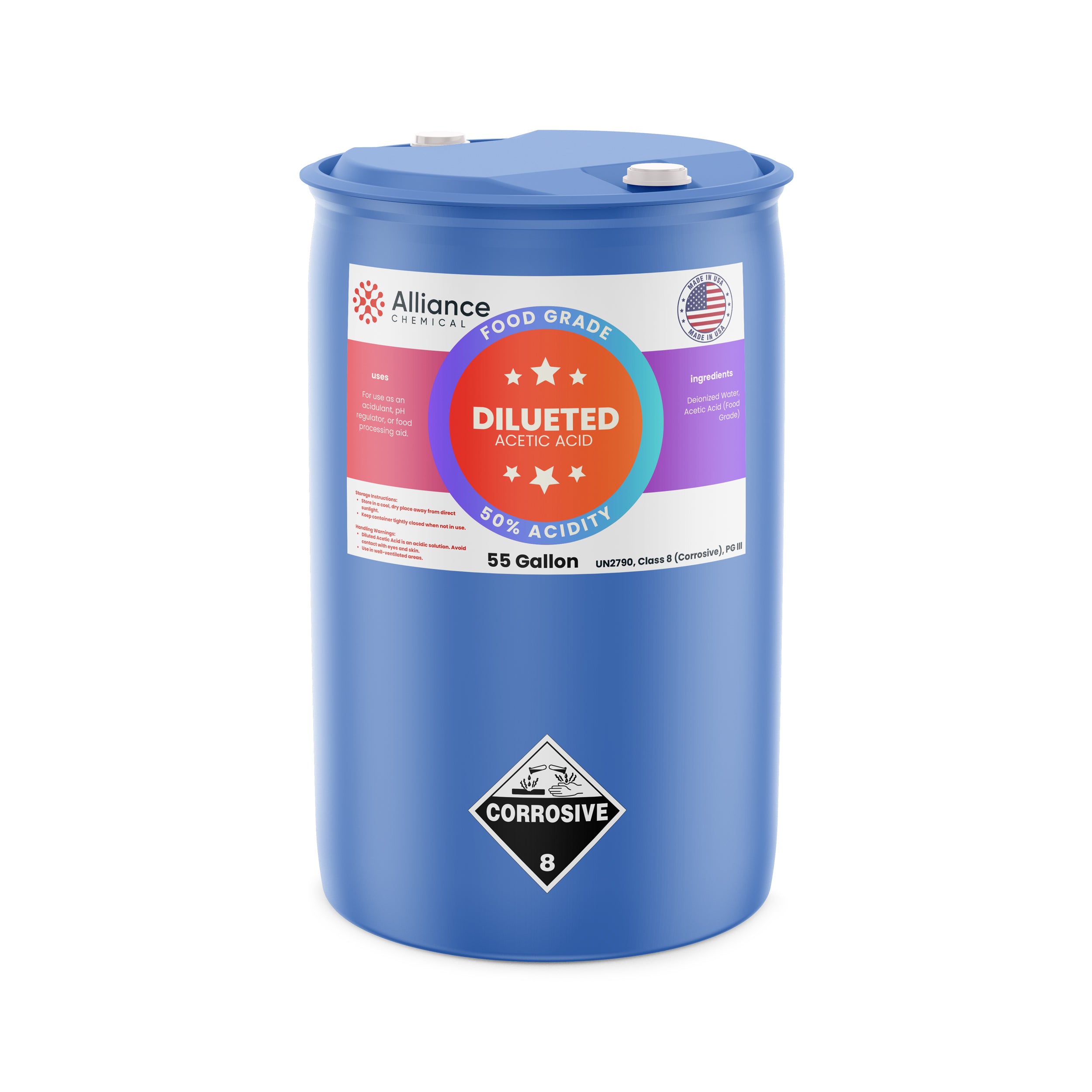 Alliance Chemical 50% diluted acetic acid food grade in blue 55-gallon drum with UN2790 hazard label