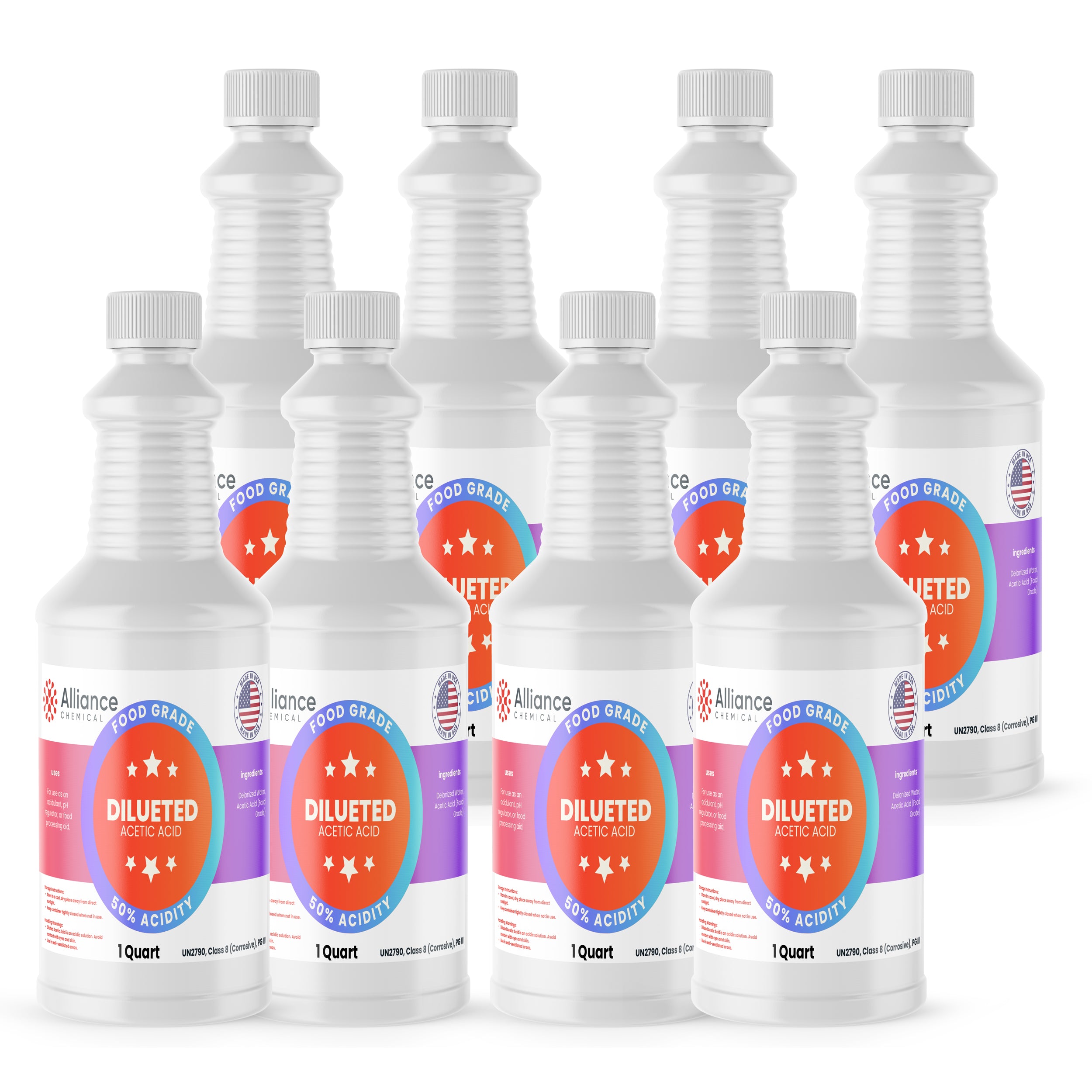 Alliance Chemical 50% diluted acetic acid food grade in one quart HDPE bottles with screw caps