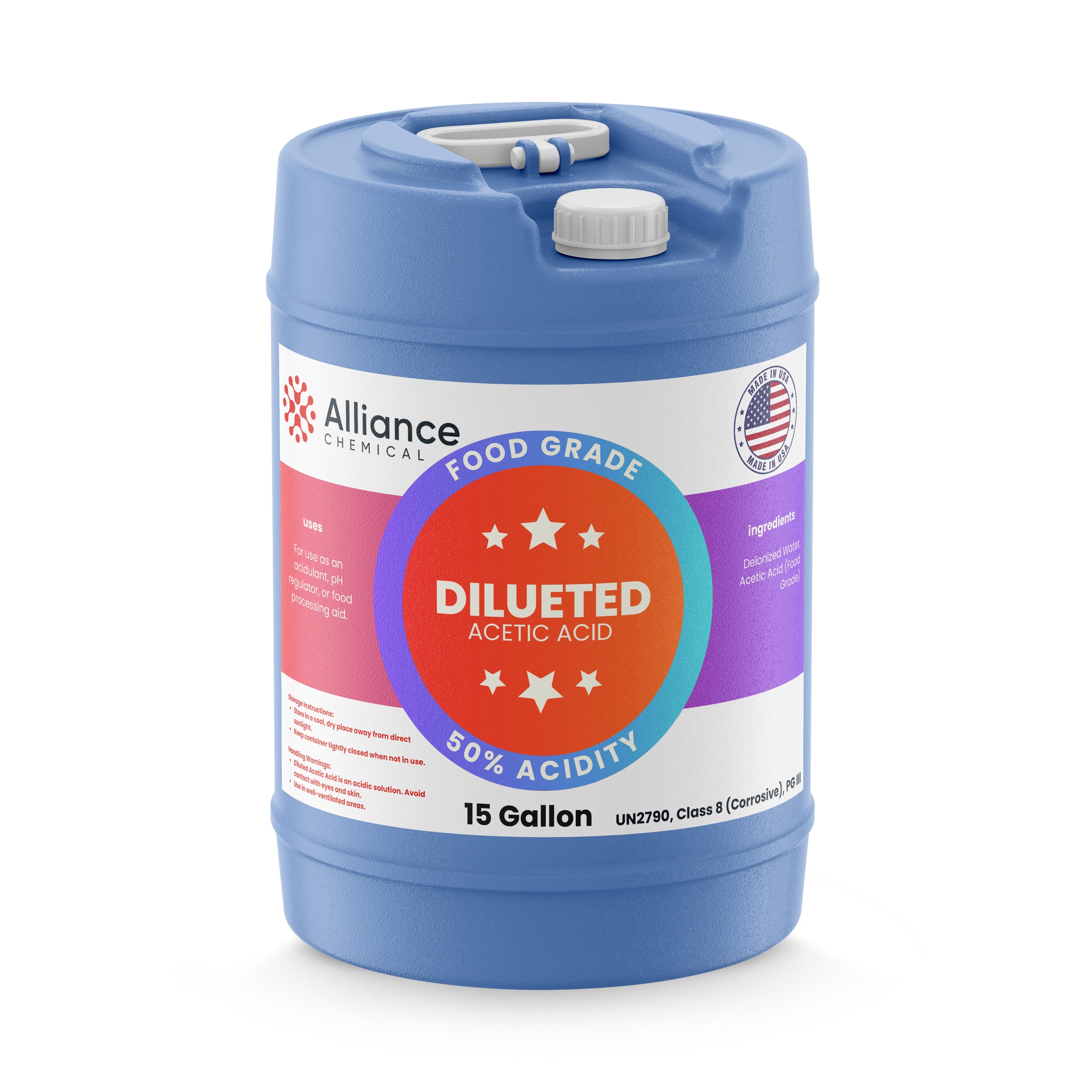 Alliance Chemical 50% diluted acetic acid food grade in blue 15-gallon pail with safety cap