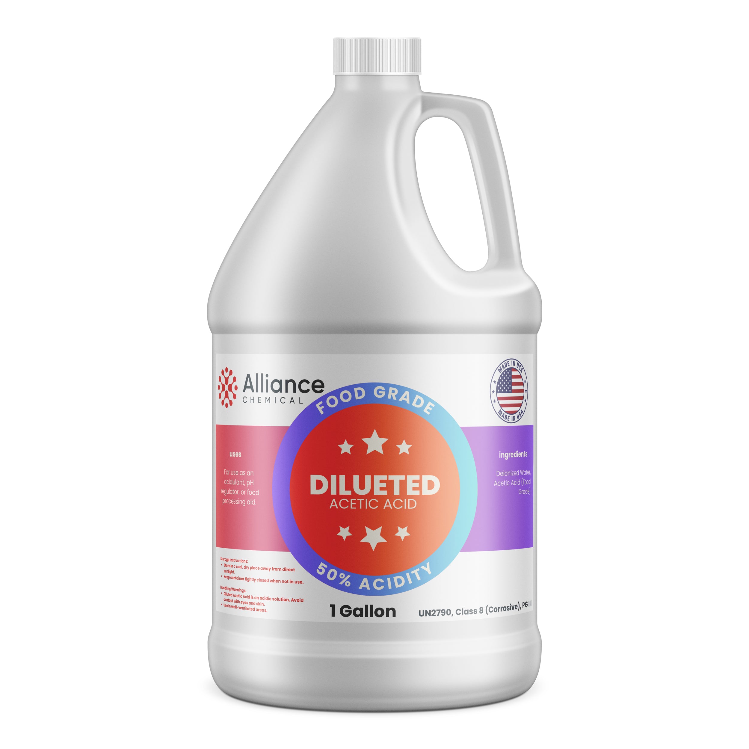 Alliance Chemical 50% diluted acetic acid food grade in clear 1-gallon HDPE jug with handle