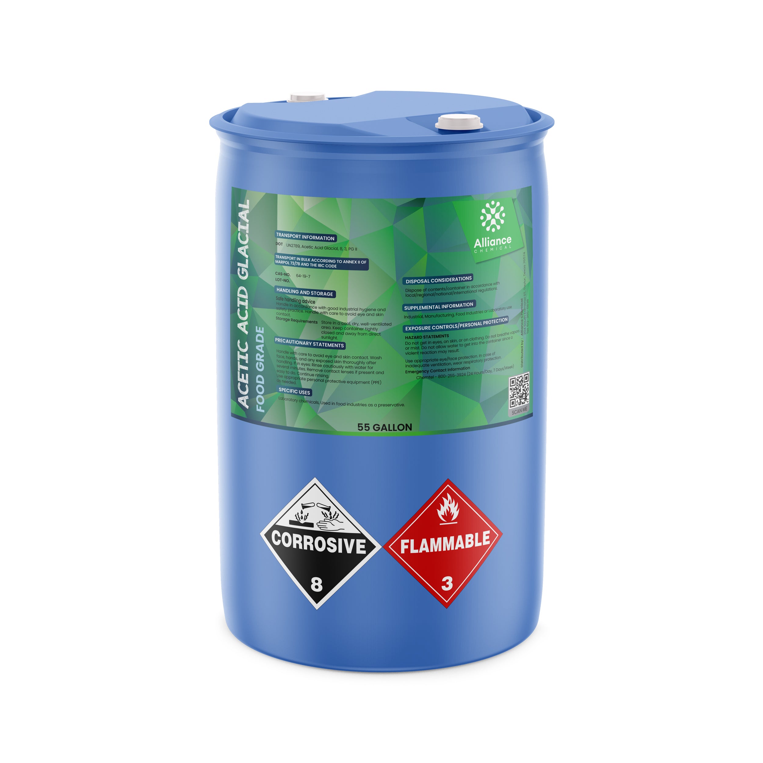 55-gallon blue drum of food-grade glacial acetic acid with corrosive (8) and flammable (3) hazard diamonds, Alliance Chemical branded label.