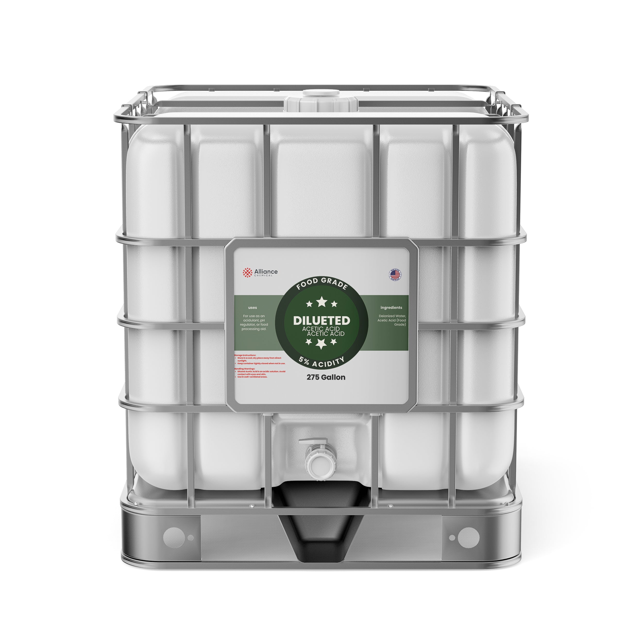 Alliance Chemical 5% diluted acetic acid food grade in 275-gallon plastic IBC tote with hazard label