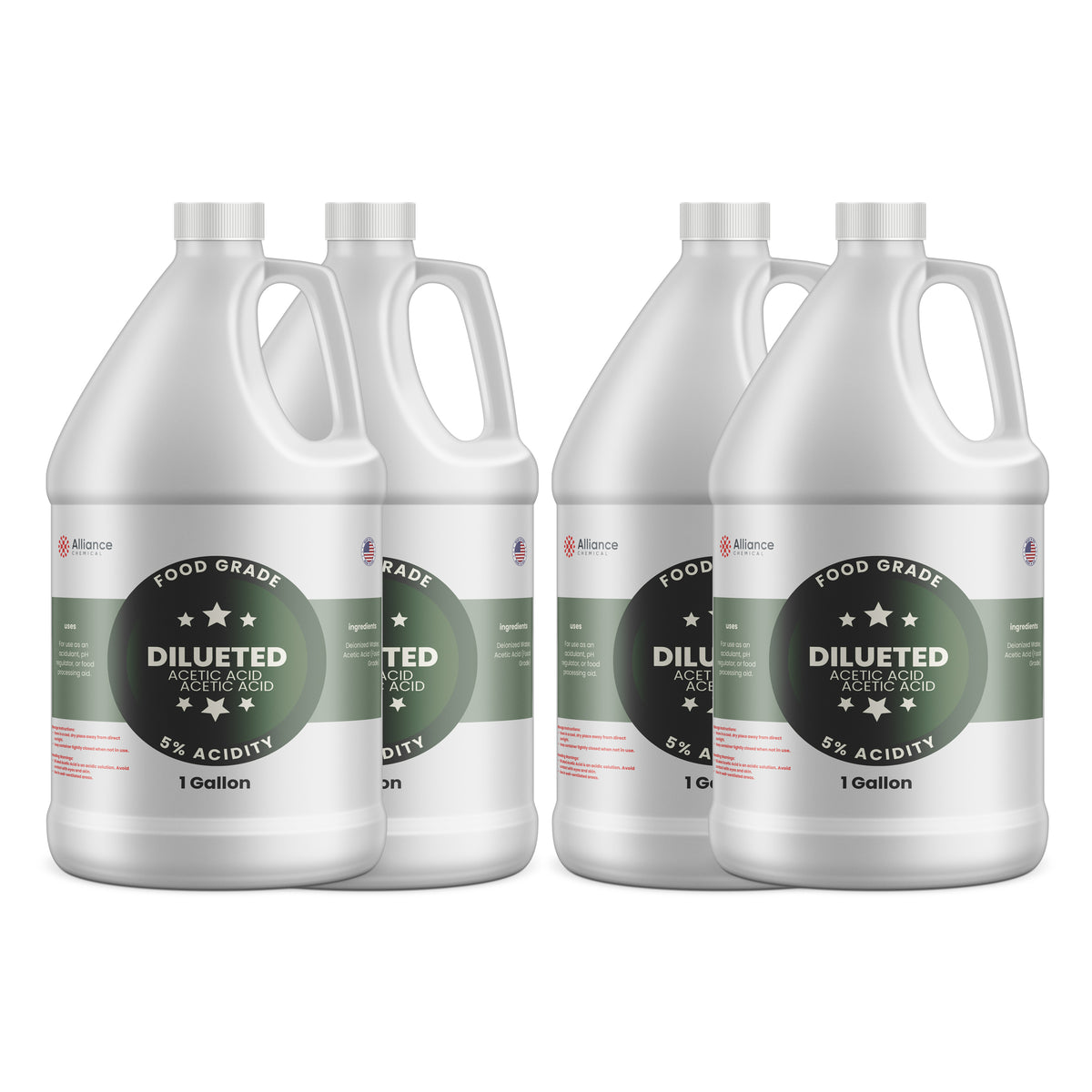 Alliance Chemical 5% diluted acetic acid food grade in four clear 1-gallon HDPE jugs with handles