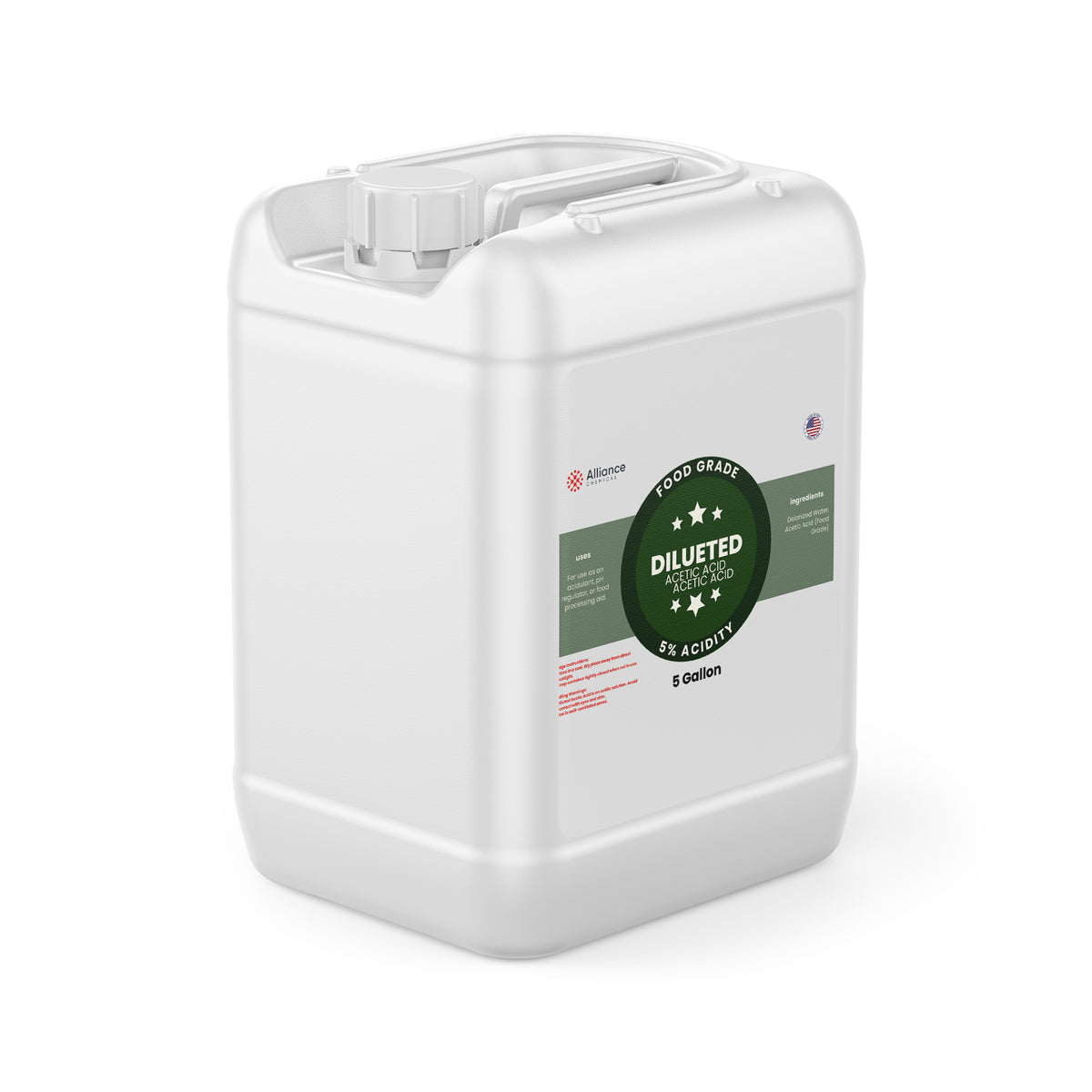 Alliance Chemical 5% diluted acetic acid food grade in white 5-gallon rectangular container with handle