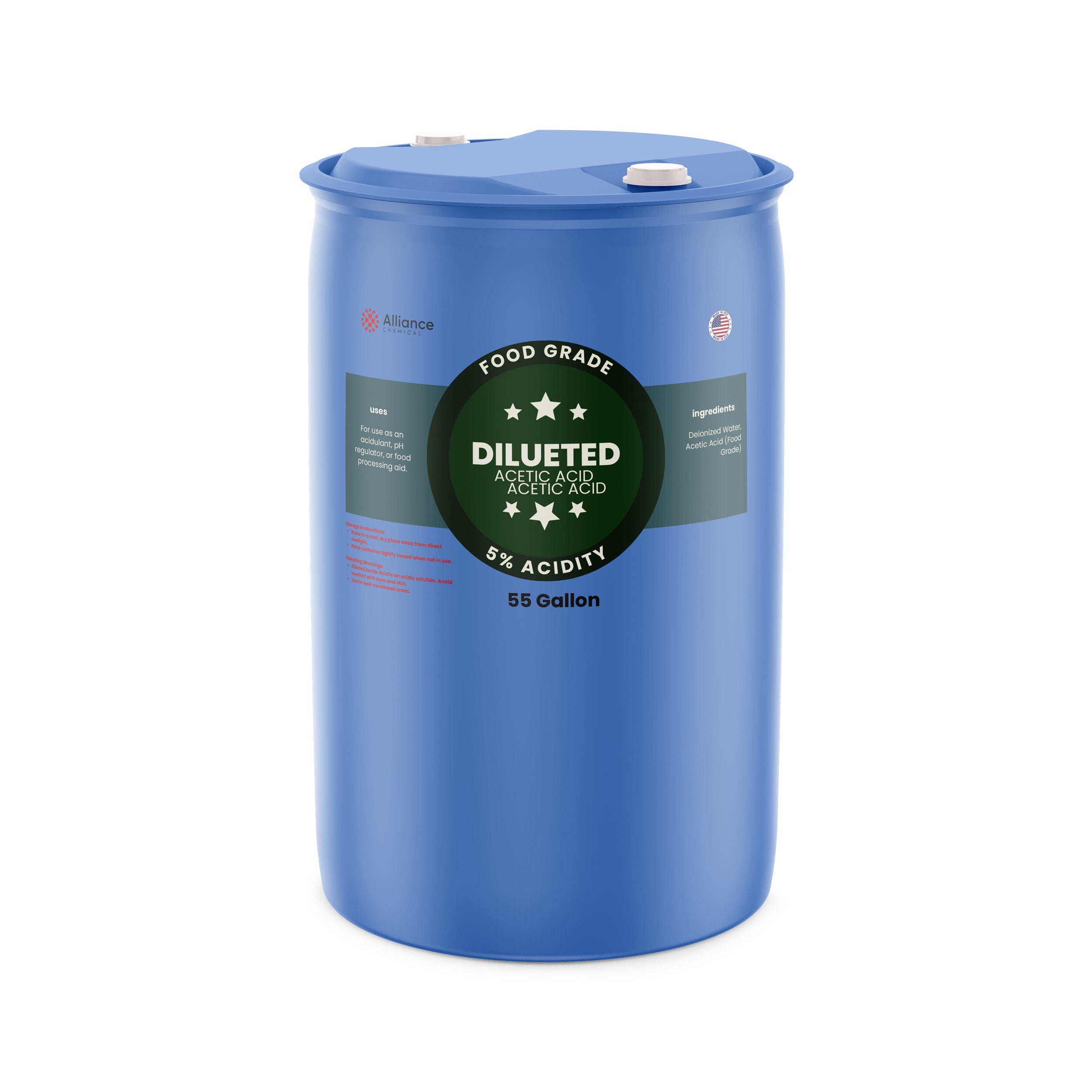 Alliance Chemical 5% diluted acetic acid food grade in blue 55-gallon plastic drum with labeling