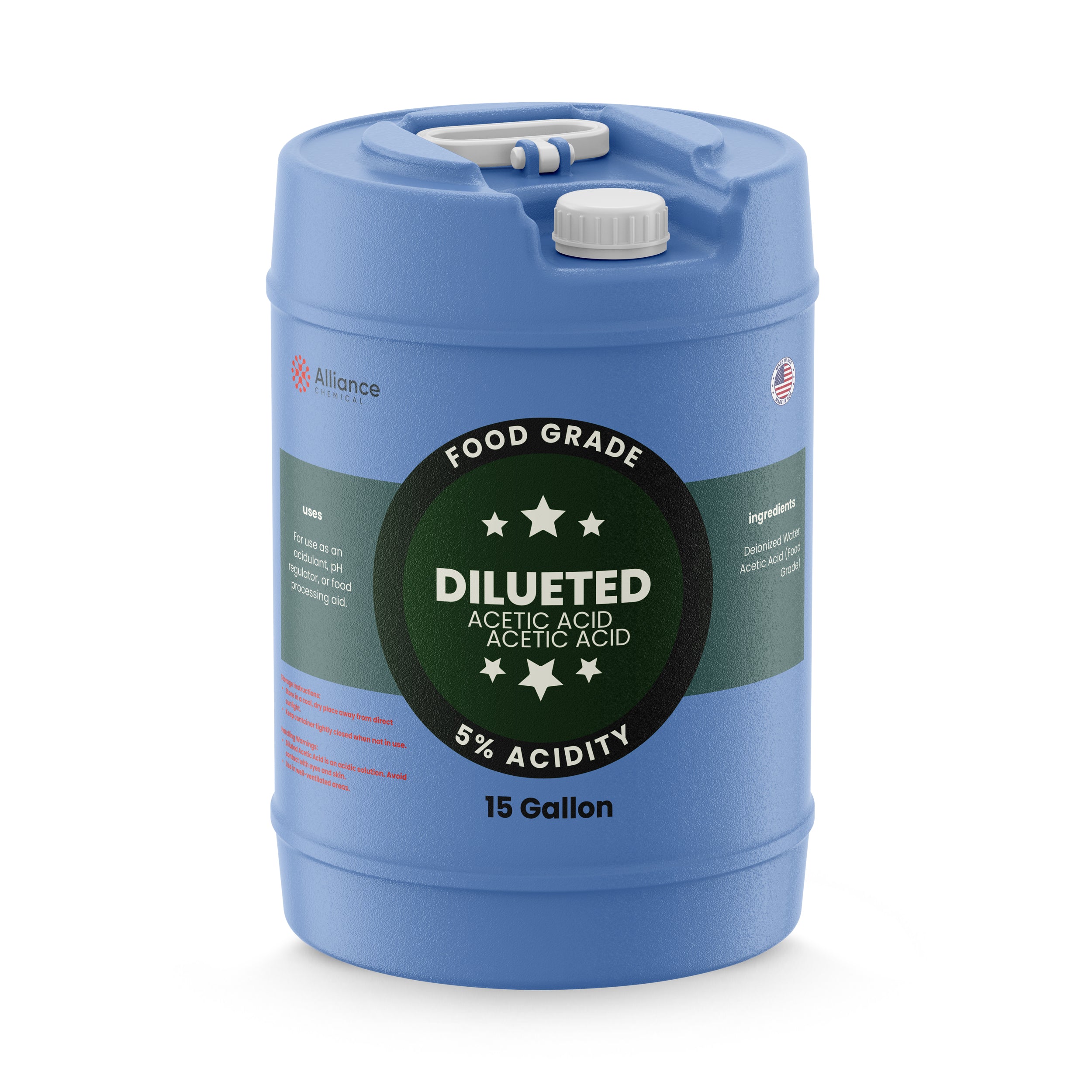 Alliance Chemical 5% diluted acetic acid food grade in blue 15-gallon HDPE pail with secure cap