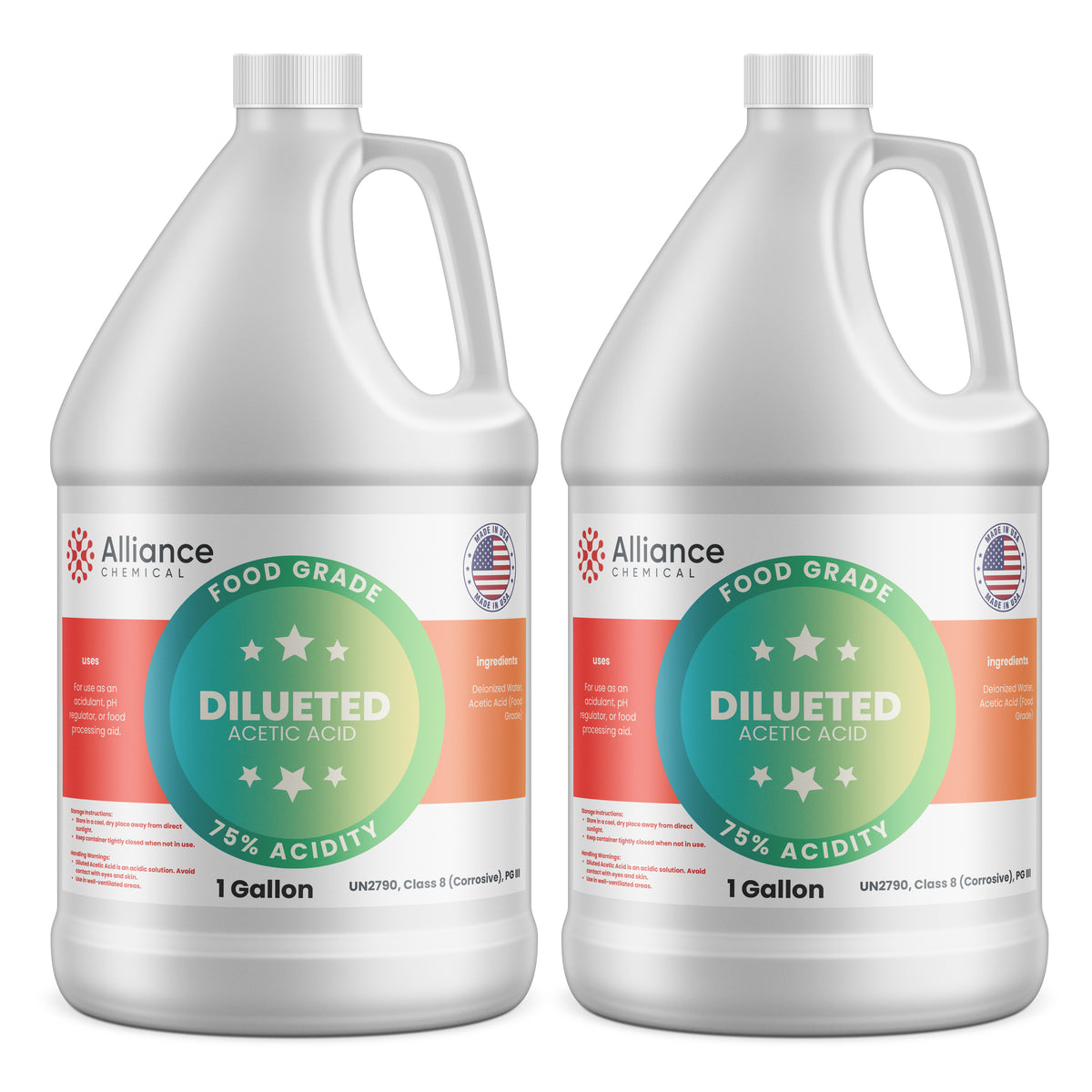 Alliance Chemical 75% diluted acetic acid food grade in two 1-gallon white HDPE jugs with handles