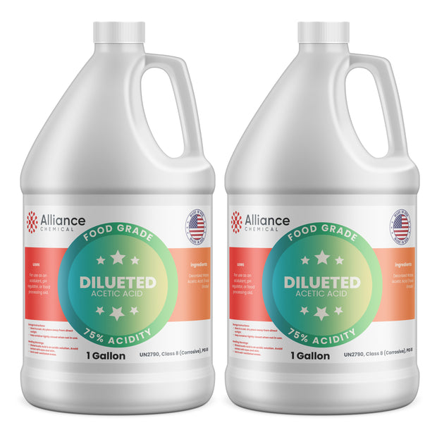 Alliance Chemical 75% diluted acetic acid food grade in two 1-gallon white HDPE jugs with handles