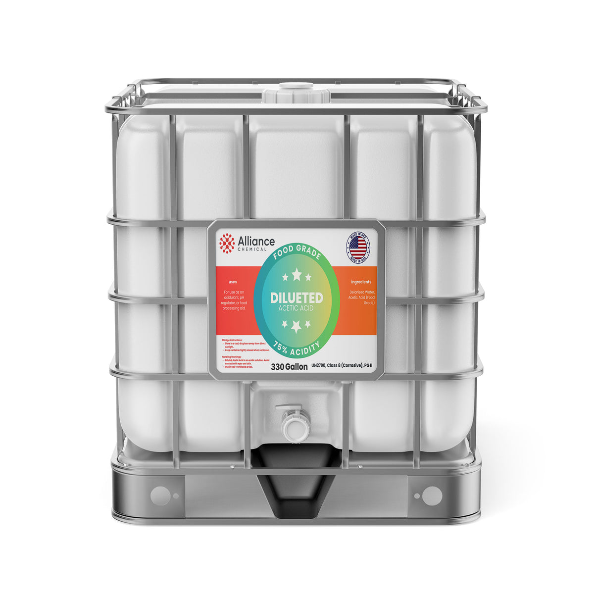 One 330-gallon tote of Alliance Chemical 75% Diluted Acetic Acid Food Grade with a stainless steel cage and product label.