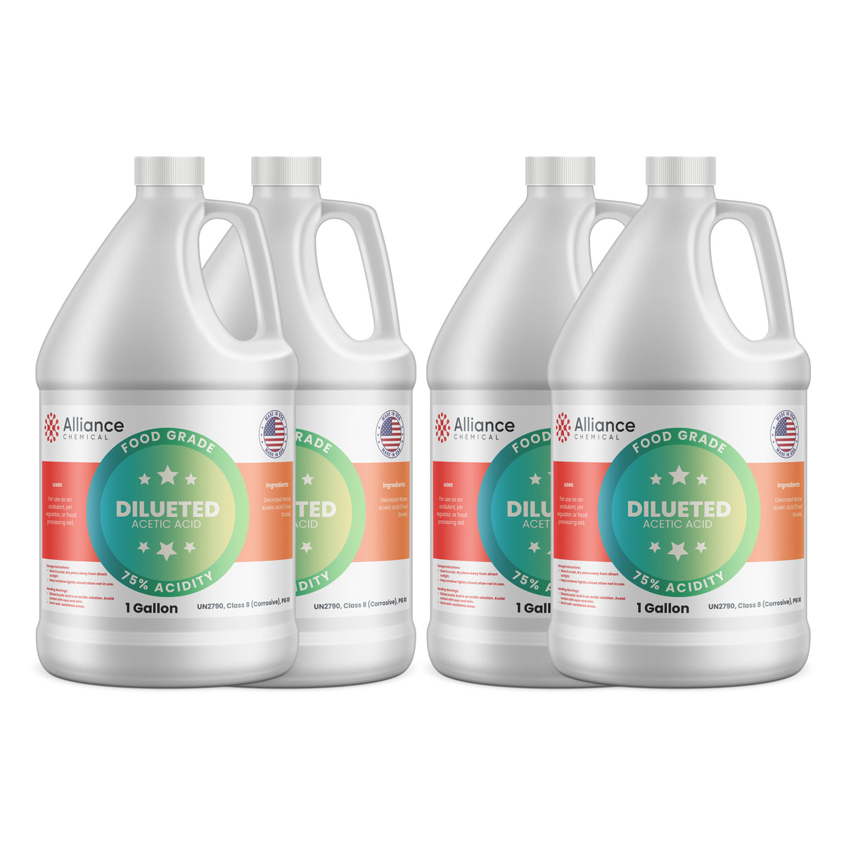 Alliance Chemical 75% diluted acetic acid food grade in four clear 1-gallon HDPE jugs with handles