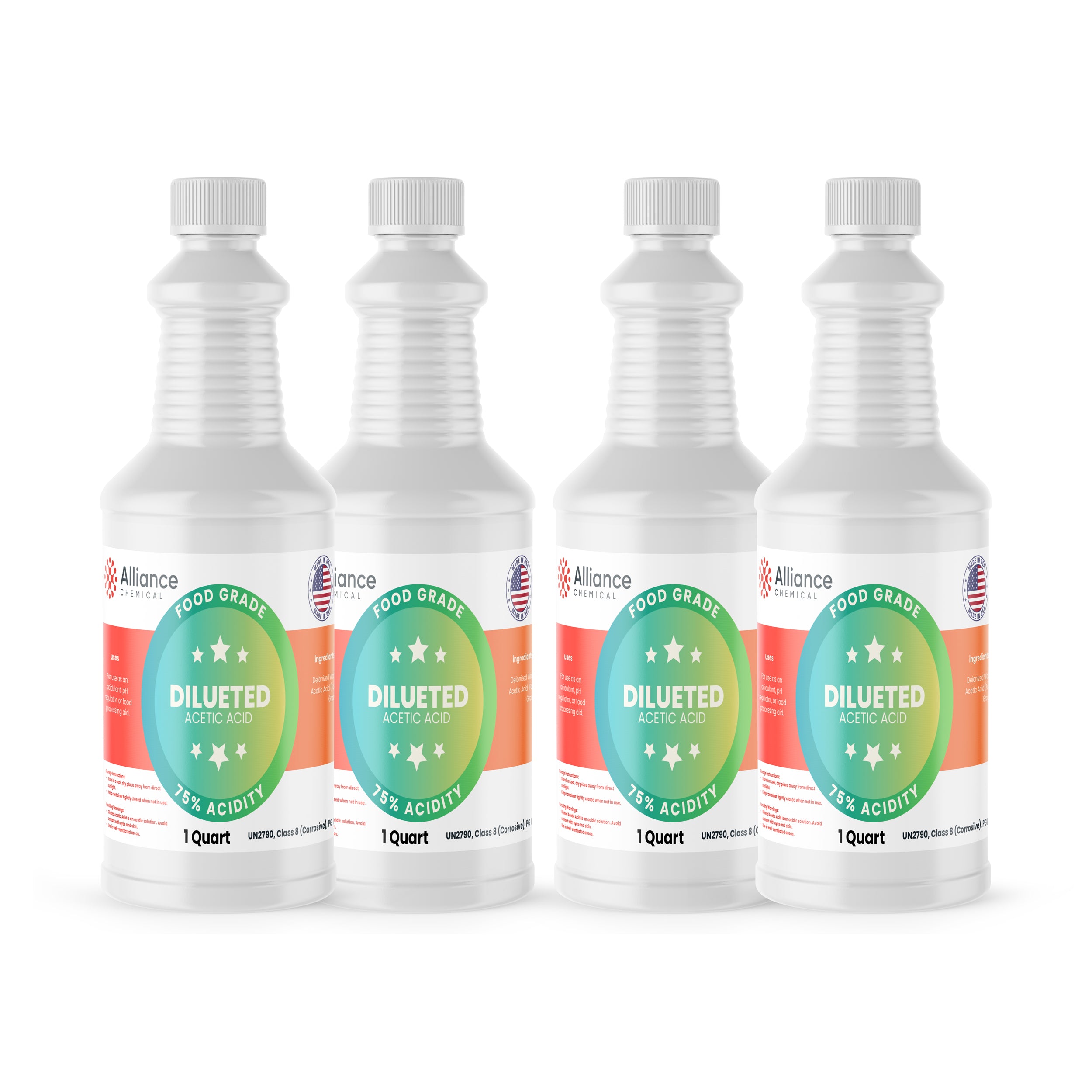 Alliance Chemical 75% diluted acetic acid food grade in clear 1 quart plastic bottle with screw cap