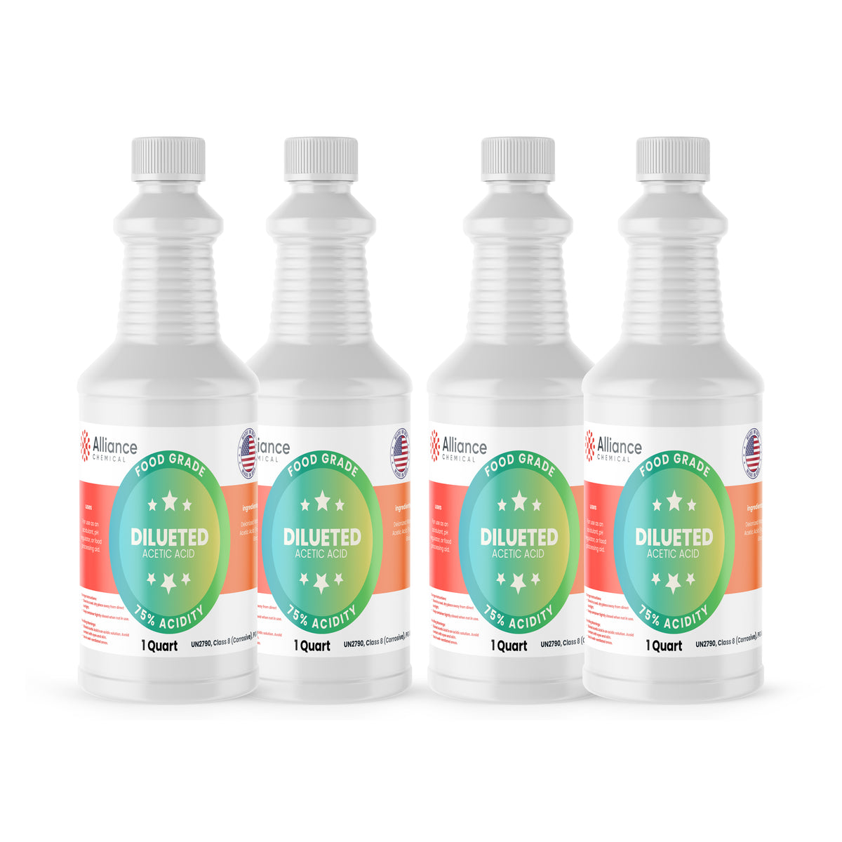 Alliance Chemical 75% diluted acetic acid food grade in clear 1 quart plastic bottle with screw cap