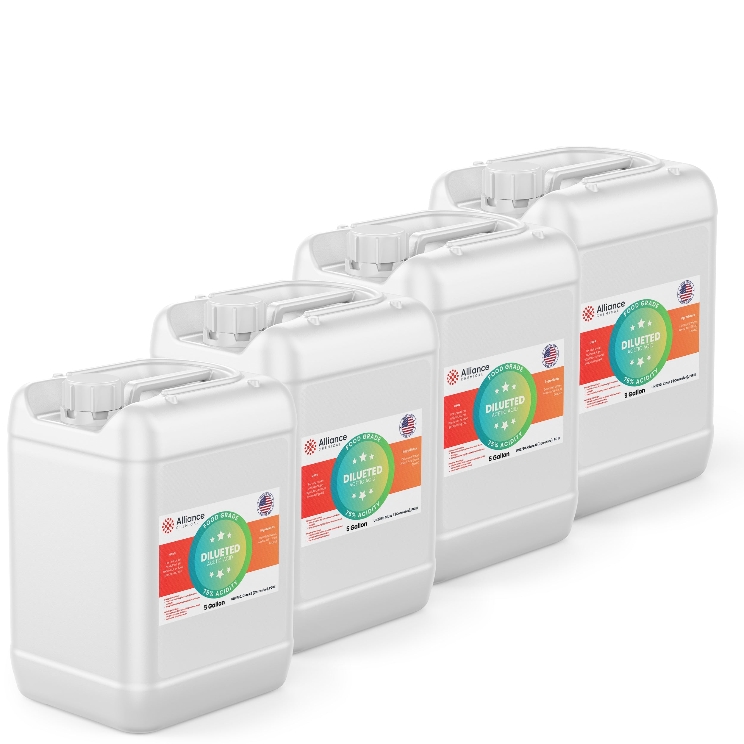 Alliance Chemical 75% diluted acetic acid food grade in four white 5-gallon jerry cans with handles